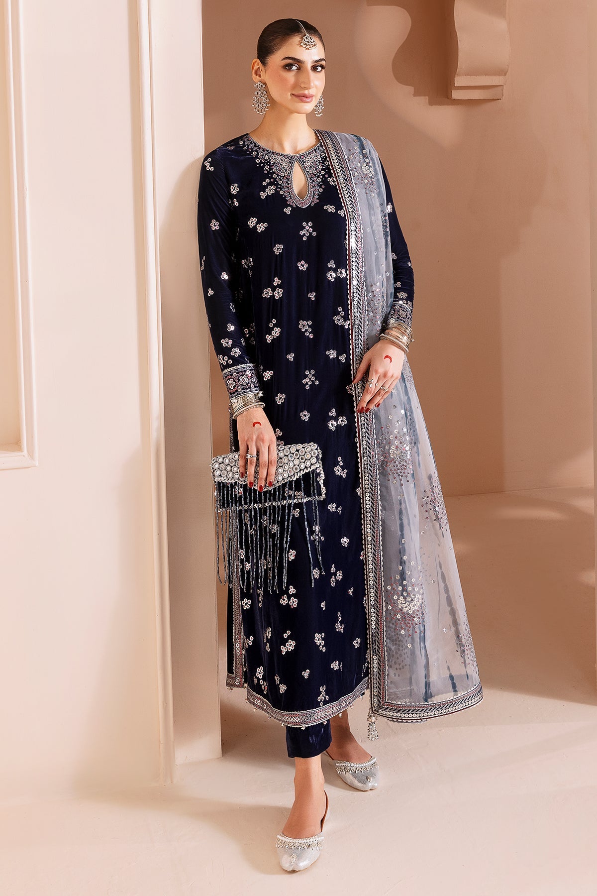 Women Wearing Embroidered Velvet Formal CVF D-03 Grey Long Shirt for Wedding Events - Pakistani Designer Wear for Women in UK | Kifat