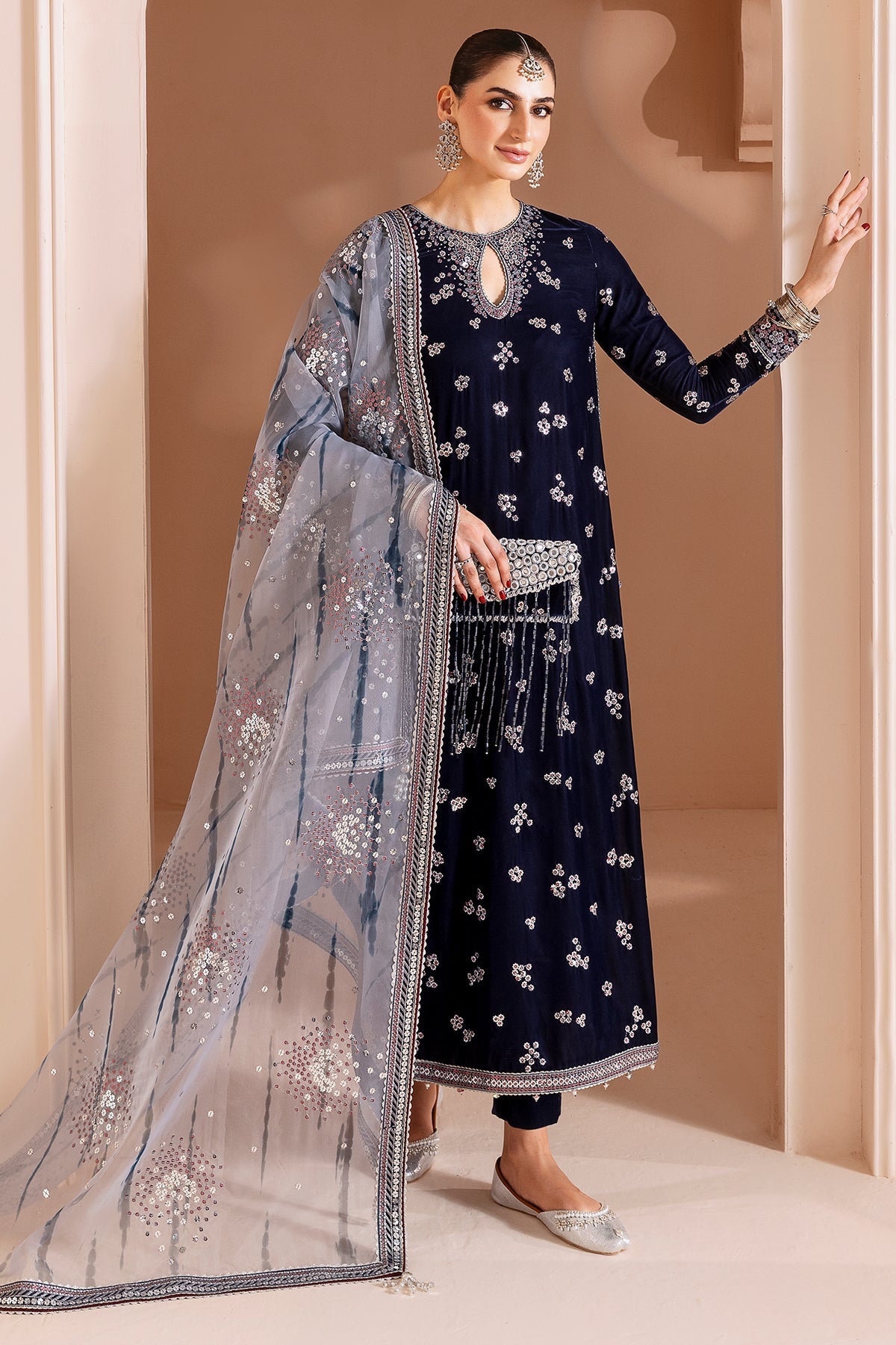 Women Wearing Embroidered Velvet Formal CVF D-03 Grey Long Shirt for Wedding Events - Pakistani Designer Wear for Women in UK | Kifat