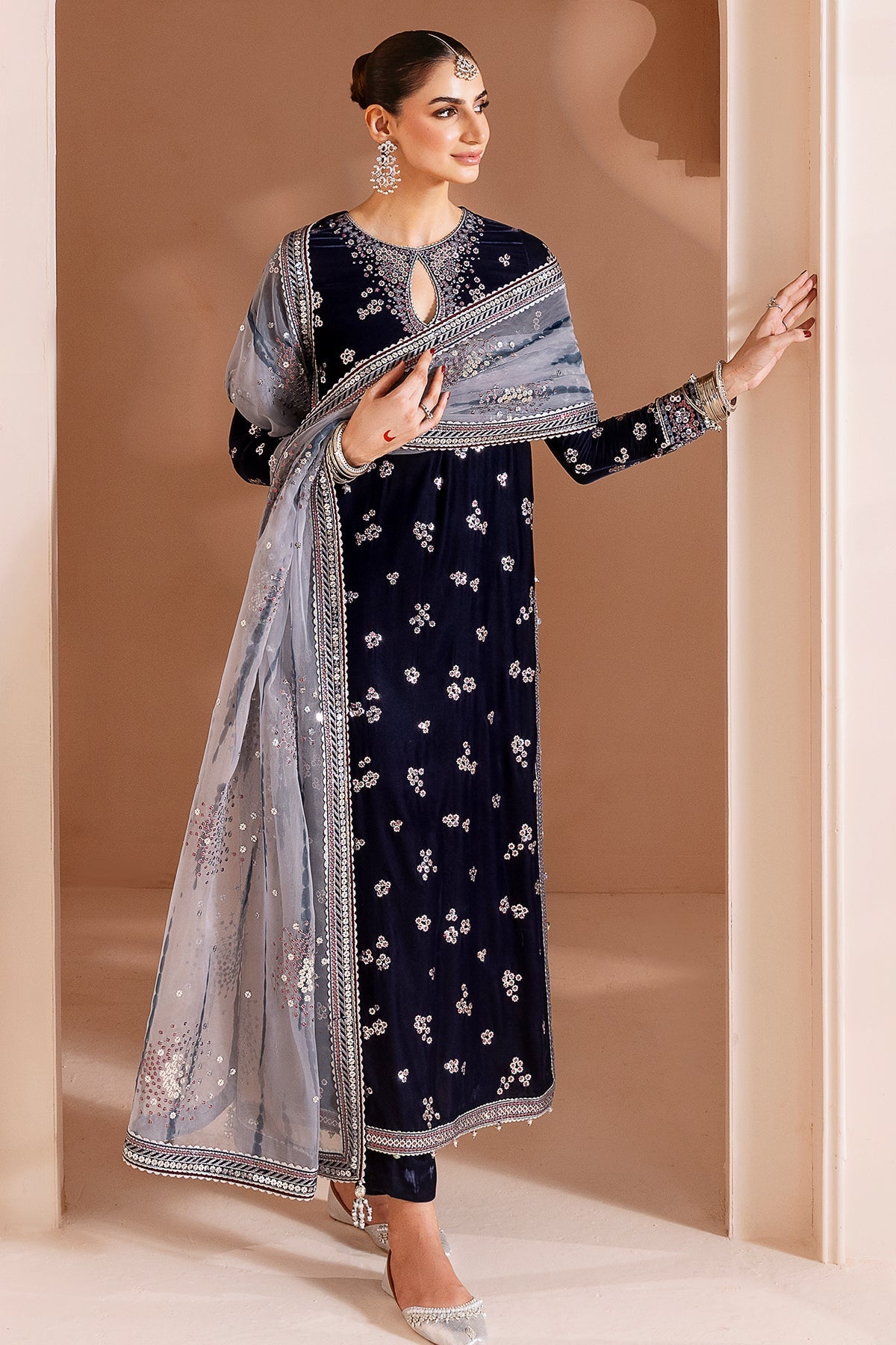 Women Wearing Embroidered Velvet Formal CVF D-03 Grey Long Shirt for Wedding Events - Pakistani Designer Wear for Women in UK | Kifat