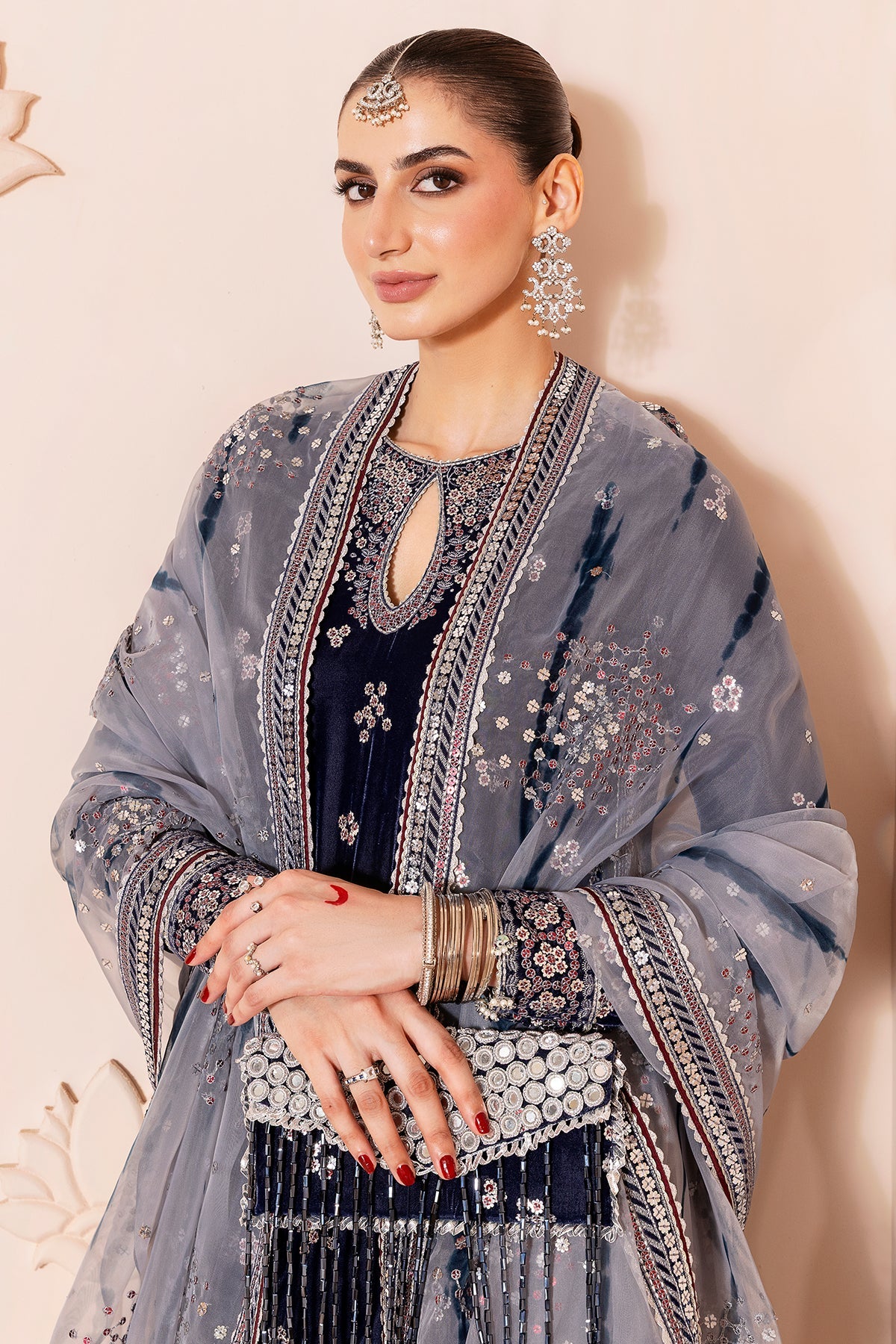 Women Wearing Embroidered Velvet Formal CVF D-03 Grey Long Shirt for Wedding Events - Pakistani Designer Wear for Women in UK | Kifat