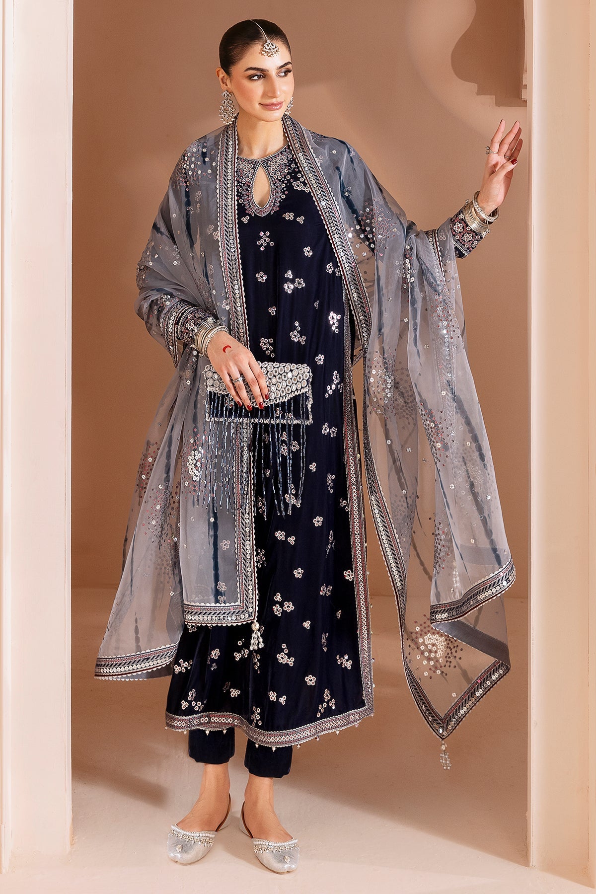 Women Wearing Embroidered Velvet Formal CVF D-03 Grey Long Shirt for Wedding Events - Pakistani Designer Wear for Women in UK | Kifat