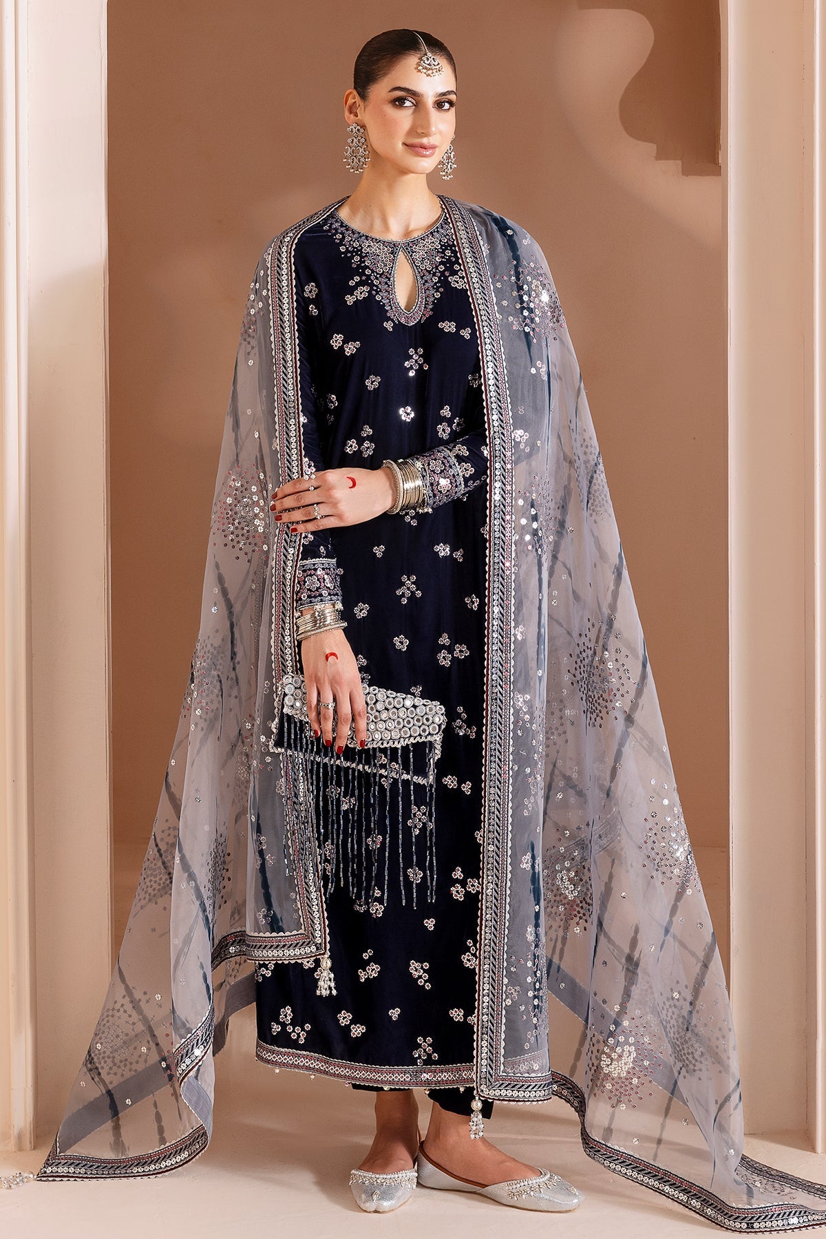 Women Wearing Embroidered Velvet Formal CVF D-03 Grey Long Shirt for Wedding Events - Pakistani Designer Wear for Women in UK | Kifat