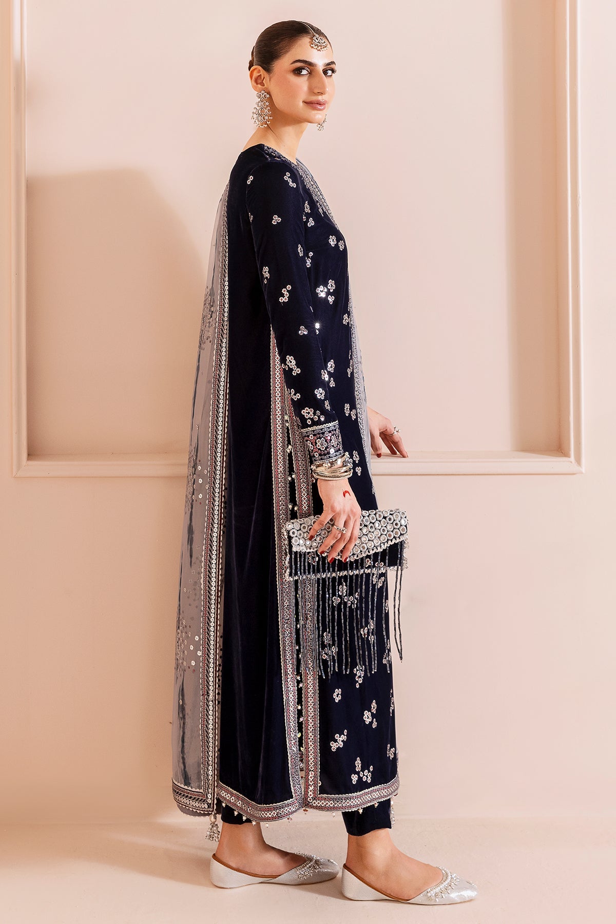 Women Wearing Embroidered Velvet Formal CVF D-03 Grey Long Shirt for Wedding Events - Pakistani Designer Wear for Women in UK | Kifat