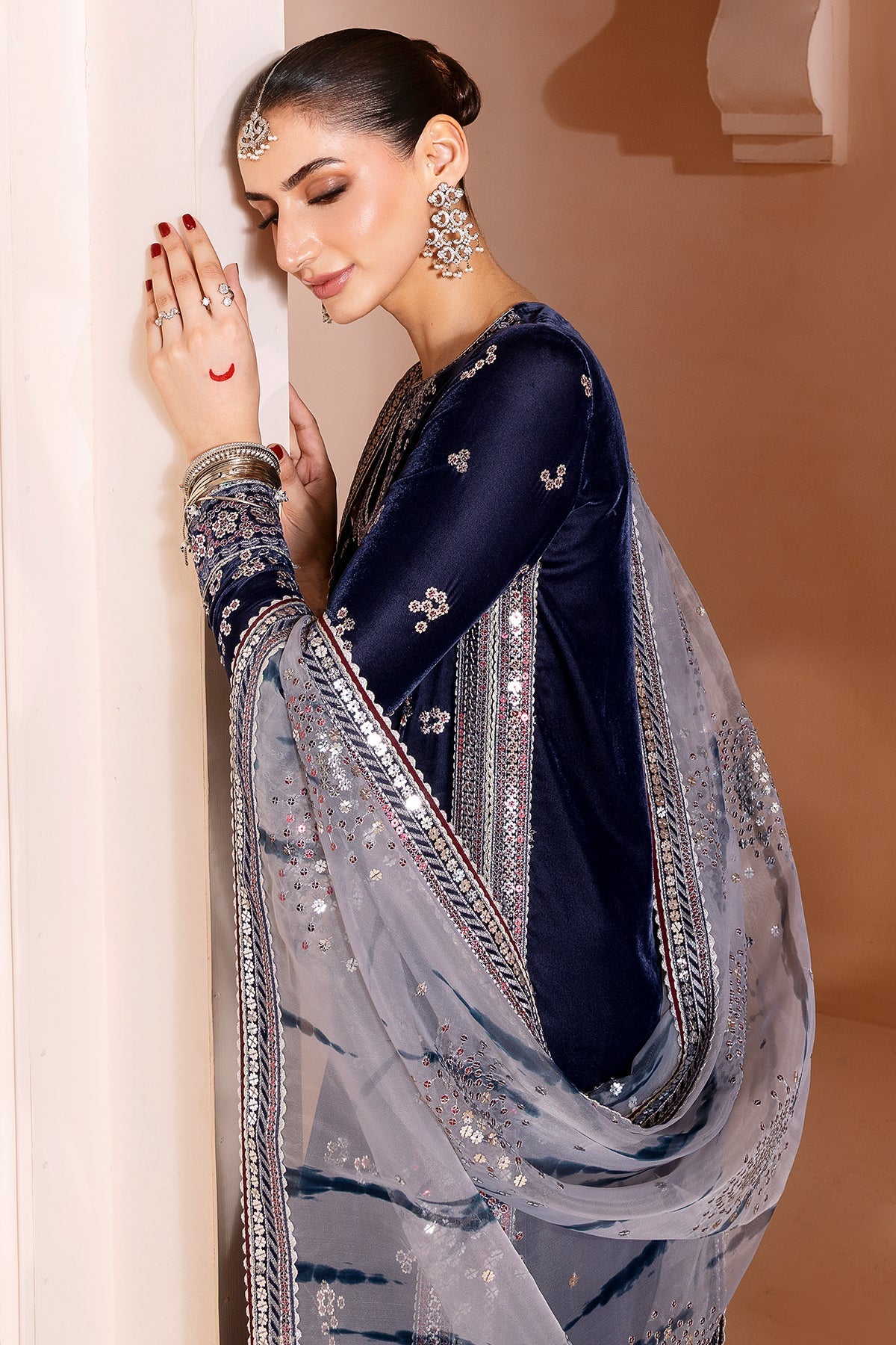 Women Wearing Embroidered Velvet Formal CVF D-03 Grey Long Shirt for Wedding Events - Pakistani Designer Wear for Women in UK | Kifat
