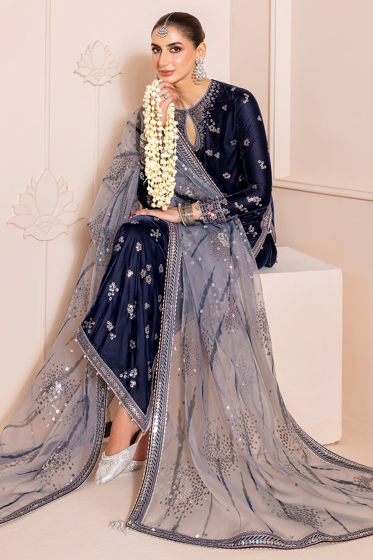 Women Wearing Embroidered Velvet Formal CVF D-03 Grey Long Shirt for Wedding Events - Pakistani Designer Wear for Women in UK | Kifat