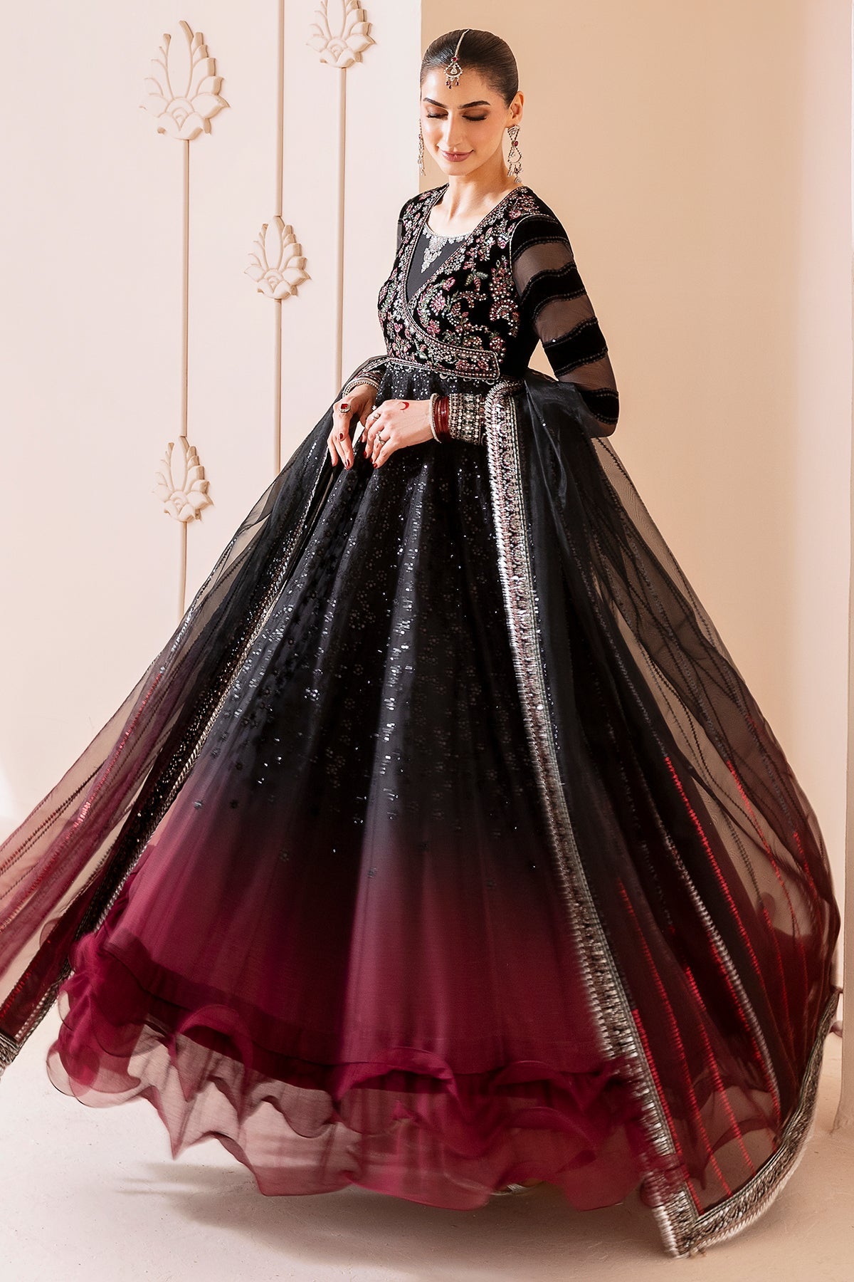 Women Wearing Embroidered Velvet Formal CVF D-10 Black Long Frock for Wedding Events - Pakistani Designer Wear for Women in UK | Kifat