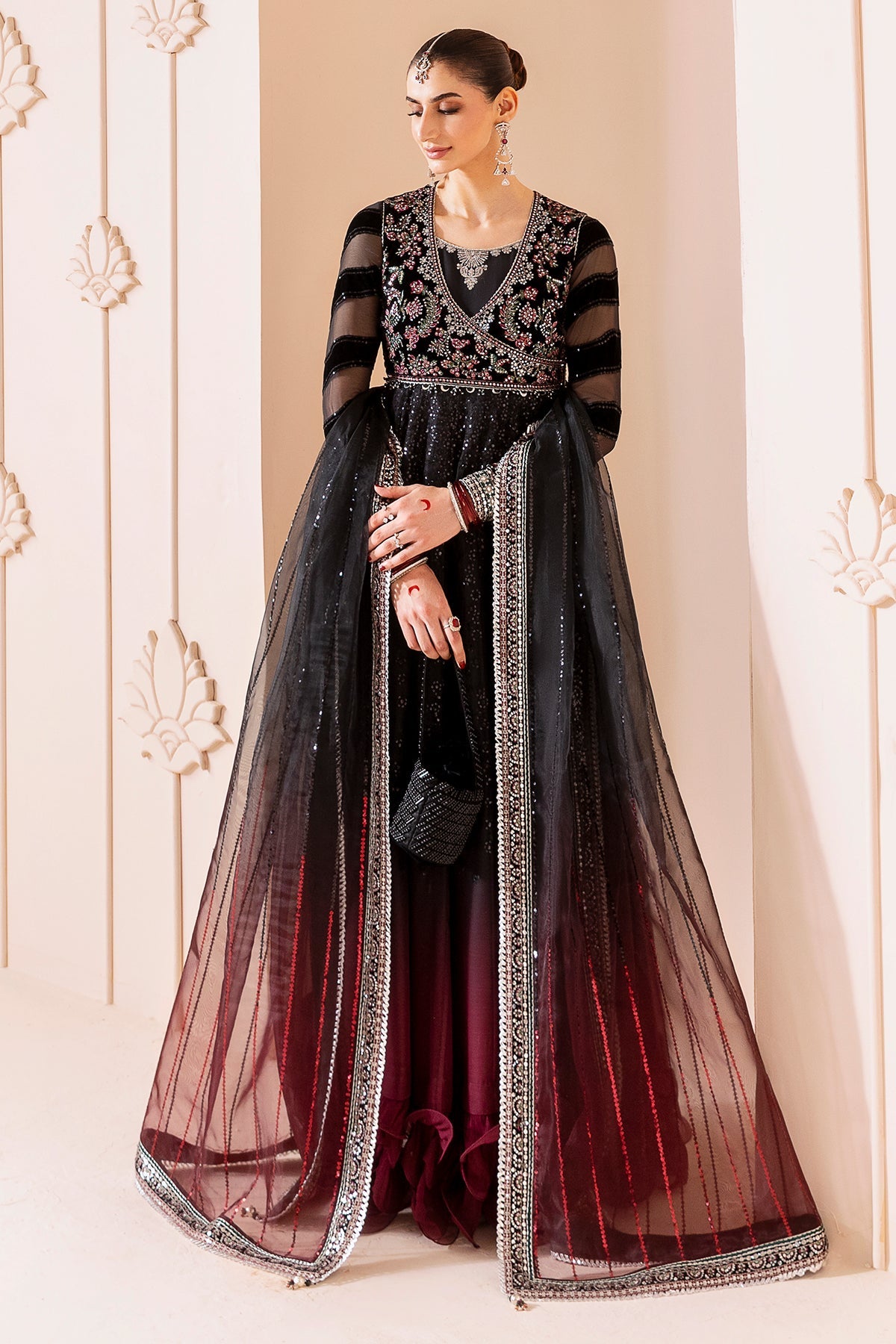 Women Wearing Embroidered Velvet Formal CVF D-10 Black Long Frock for Wedding Events - Pakistani Designer Wear for Women in UK | Kifat