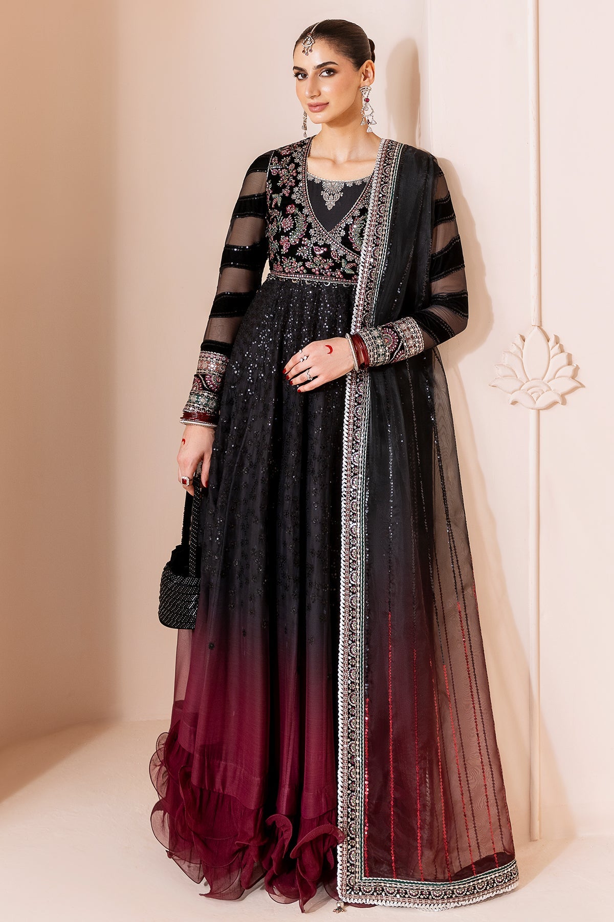 Women Wearing Embroidered Velvet Formal CVF D-10 Black Long Frock for Wedding Events - Pakistani Designer Wear for Women in UK | Kifat