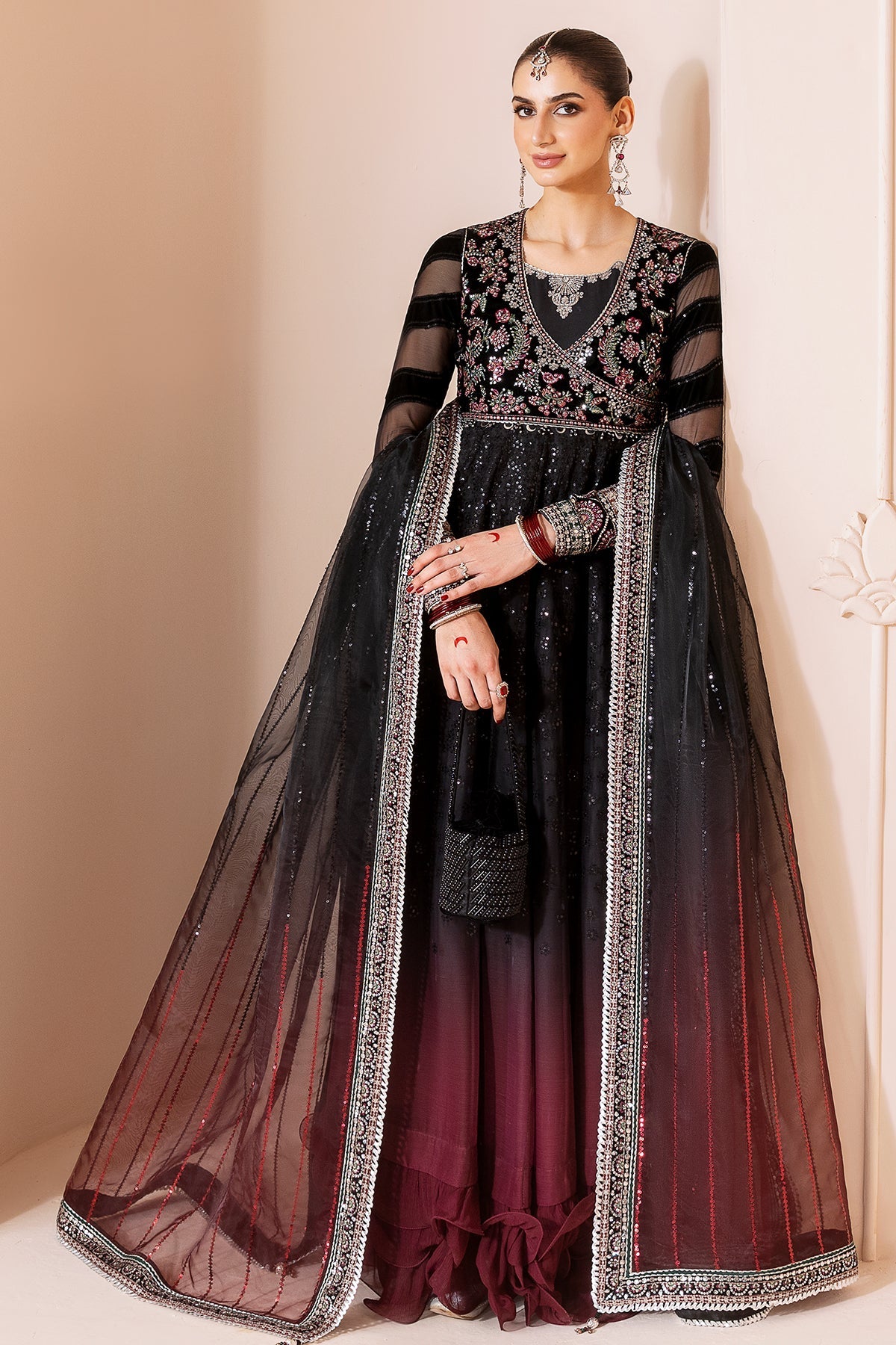 Women Wearing Embroidered Velvet Formal CVF D-10 Black Long Frock for Wedding Events - Pakistani Designer Wear for Women in UK | Kifat