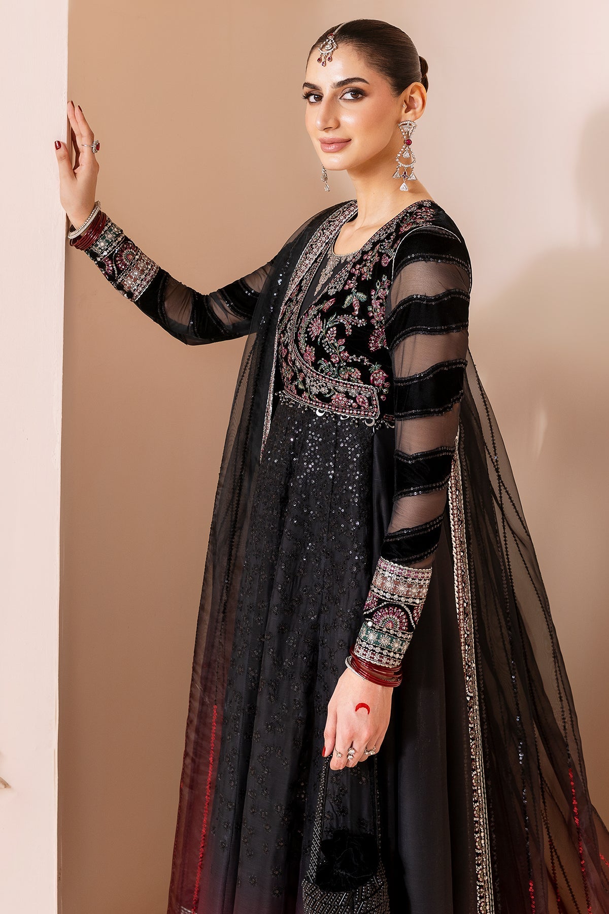 Women Wearing Embroidered Velvet Formal CVF D-10 Black Long Frock for Wedding Events - Pakistani Designer Wear for Women in UK | Kifat