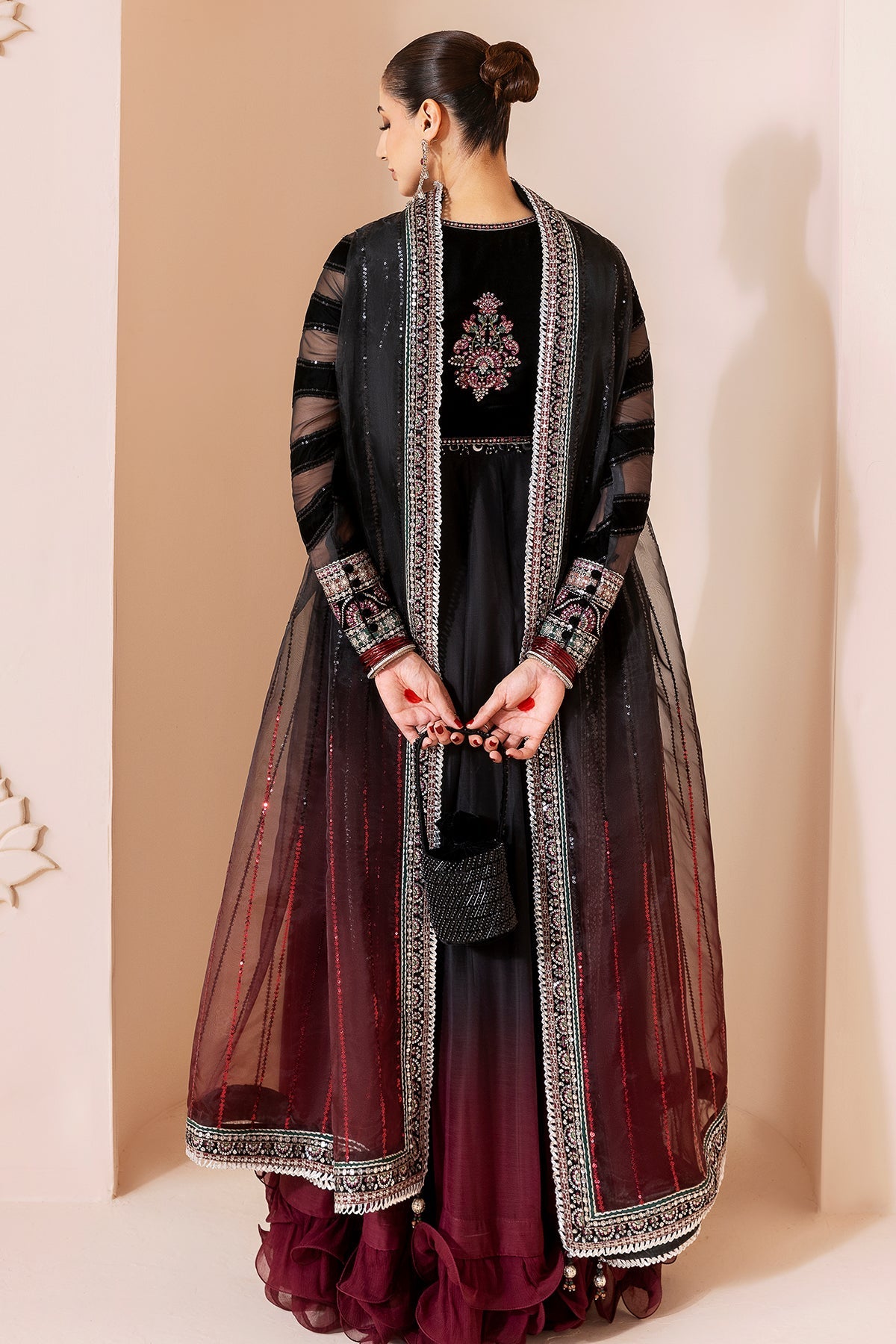 Women Wearing Embroidered Velvet Formal CVF D-10 Black Long Frock for Wedding Events - Pakistani Designer Wear for Women in UK | Kifat