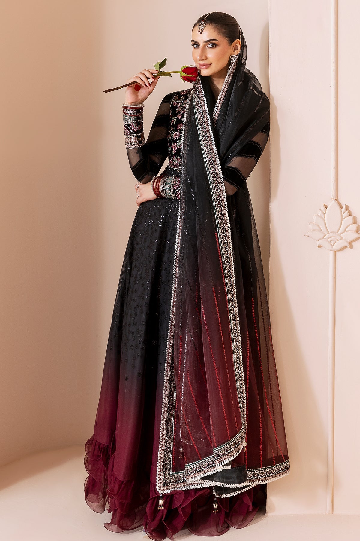 Women Wearing Embroidered Velvet Formal CVF D-10 Black Long Frock for Wedding Events - Pakistani Designer Wear for Women in UK | Kifat