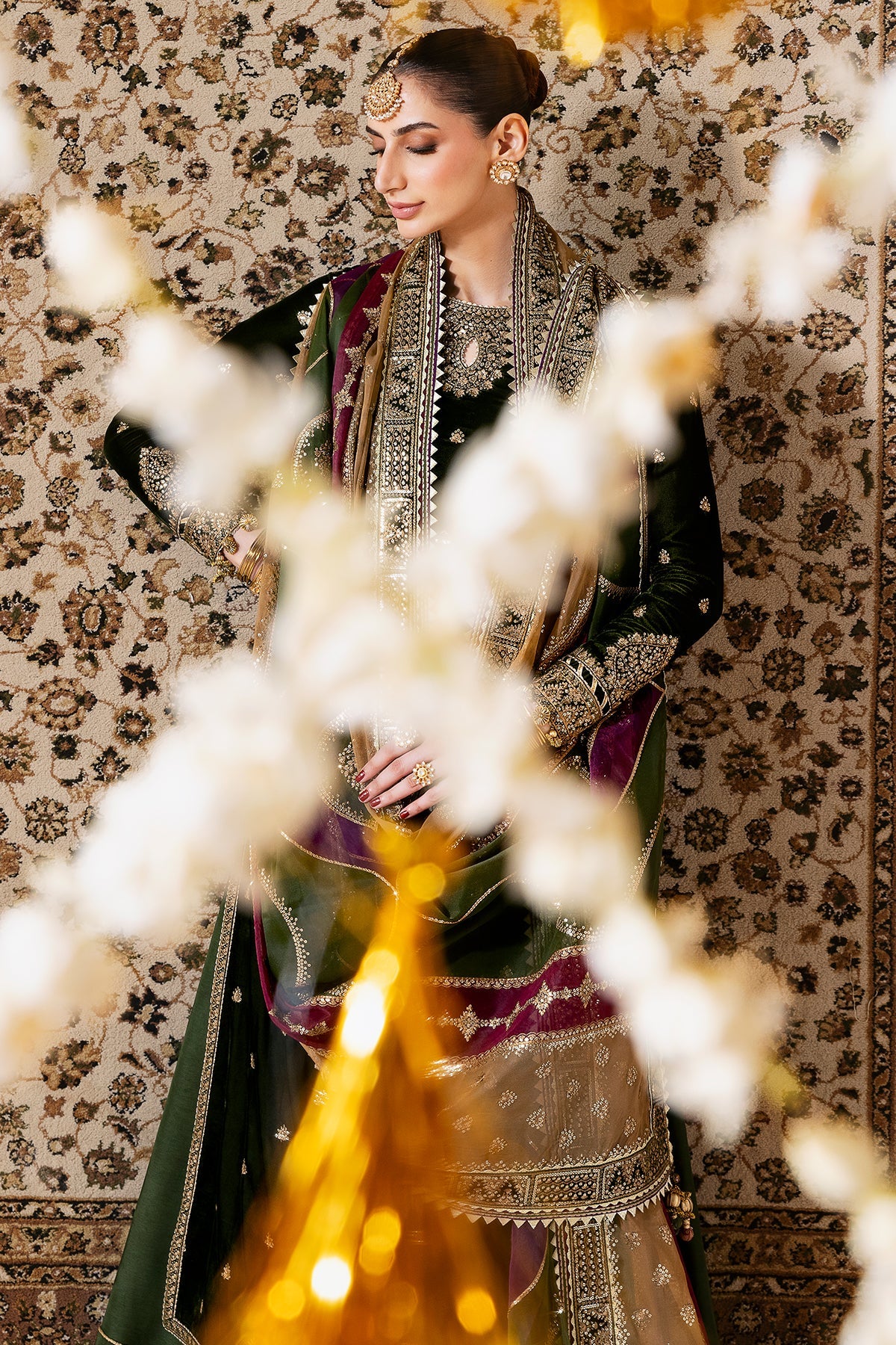 Women Wearing Embroidered Velvet Formal CVF D-09 Green Shirt with Sharara for Wedding Events - Pakistani Designer Wear for Women in UK | Kifat