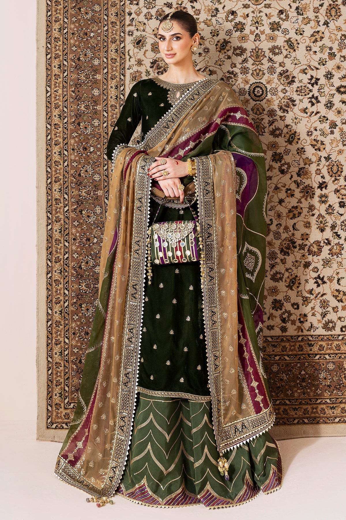 Women Wearing Embroidered Velvet Formal CVF D-09 Green Shirt with Sharara for Wedding Events - Pakistani Designer Wear for Women in UK | Kifat