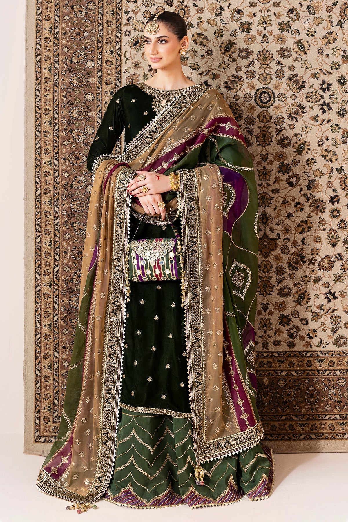 Women Wearing Embroidered Velvet Formal CVF D-09 Green Shirt with Sharara for Wedding Events - Pakistani Designer Wear for Women in UK | Kifat