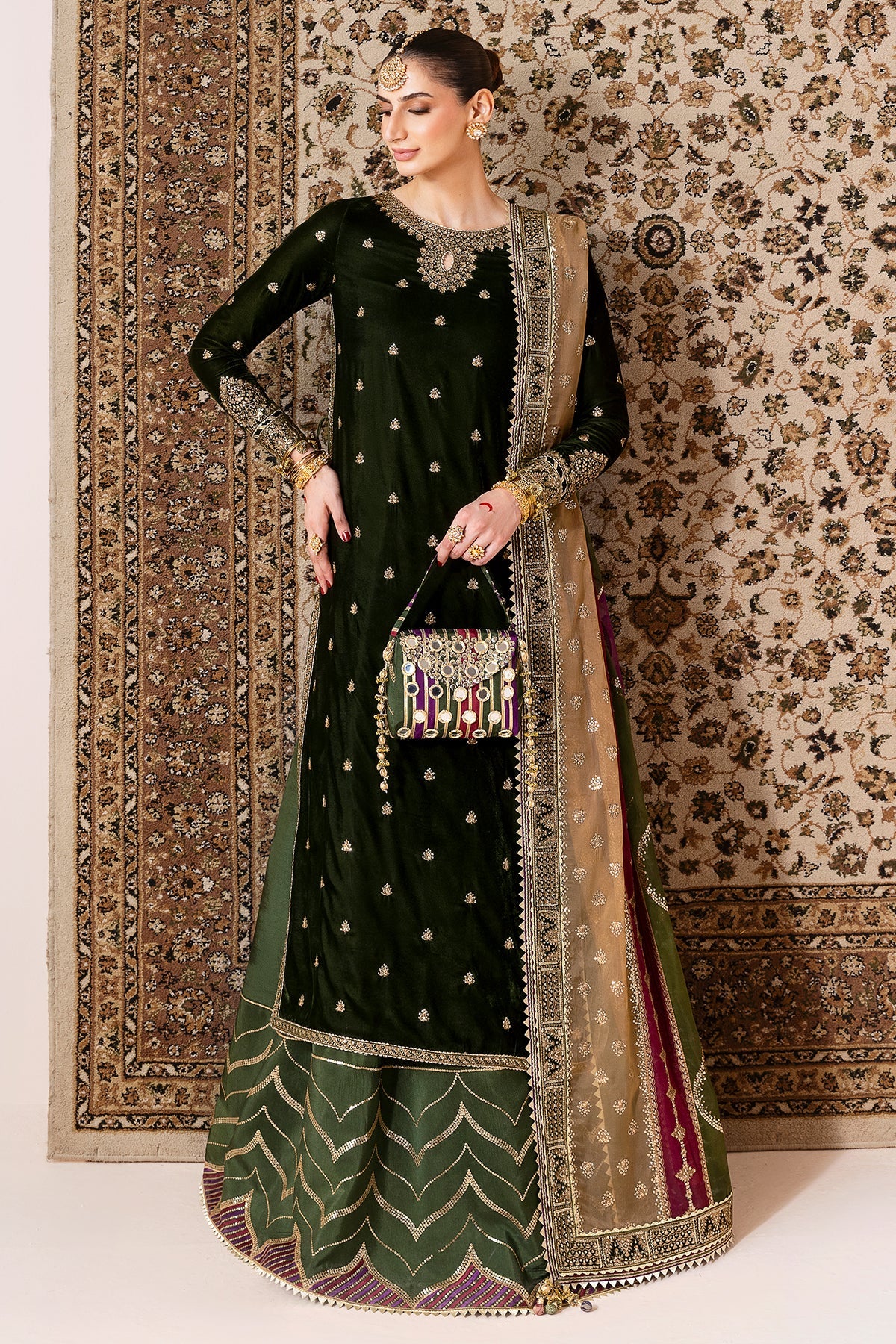 Women Wearing Embroidered Velvet Formal CVF D-09 Green Shirt with Sharara for Wedding Events - Pakistani Designer Wear for Women in UK | Kifat