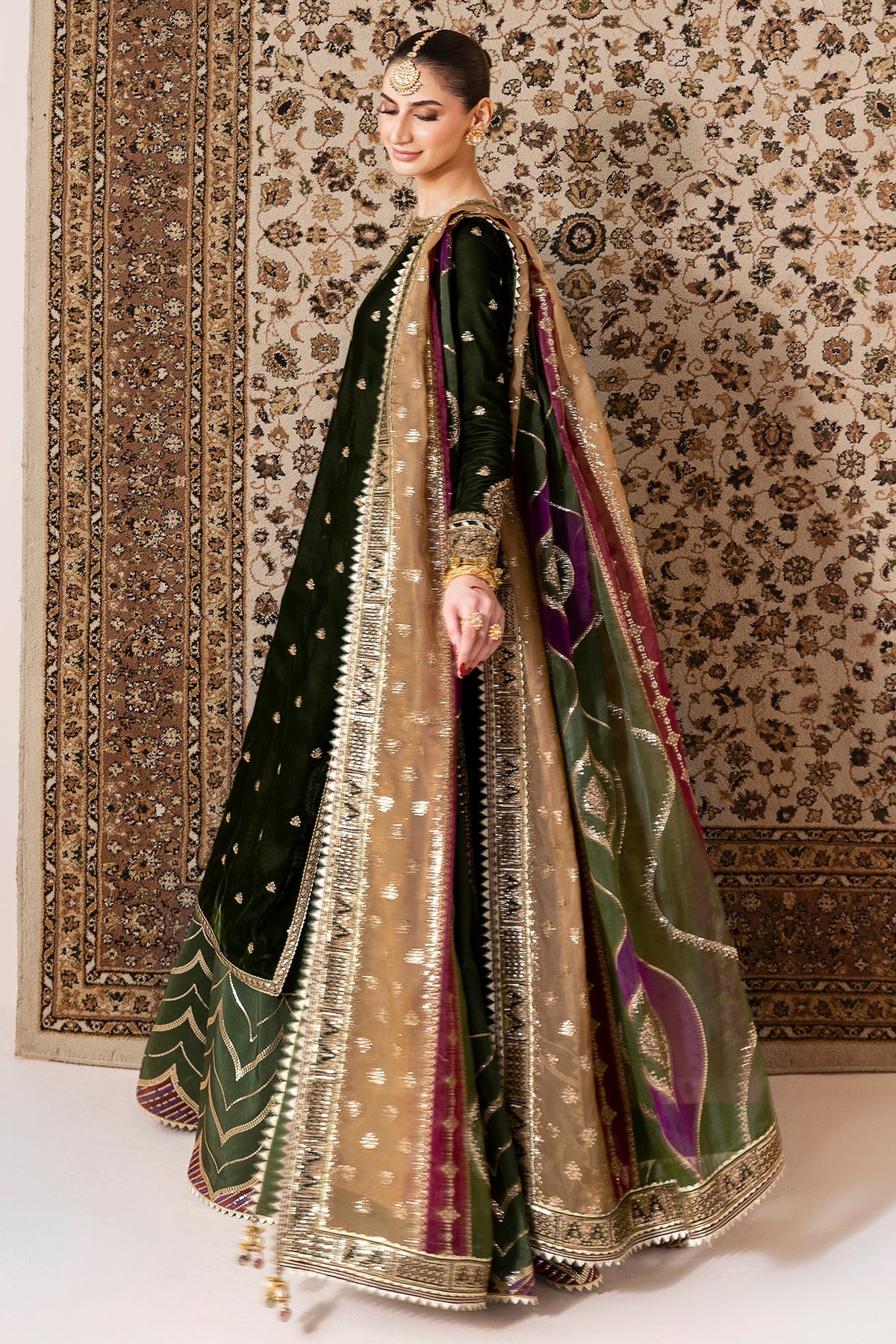 Women Wearing Embroidered Velvet Formal CVF D-09 Green Shirt with Sharara for Wedding Events - Pakistani Designer Wear for Women in UK | Kifat