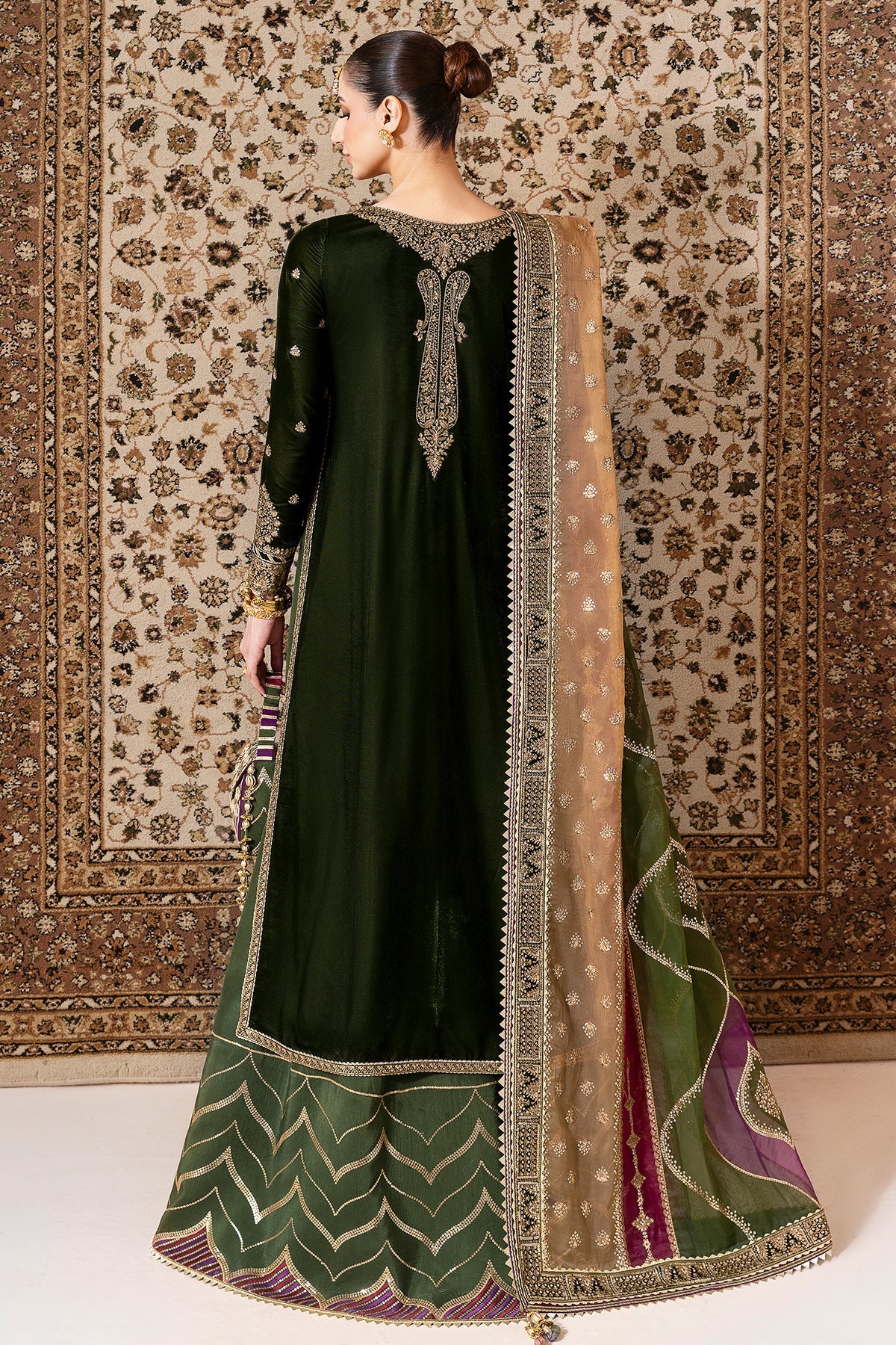 Women Wearing Embroidered Velvet Formal CVF D-09 Green Shirt with Sharara for Wedding Events - Pakistani Designer Wear for Women in UK | Kifat