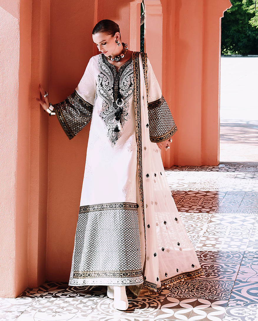 Women Wearing Gillian White Long Shirt for Festive Events - Pakistani Designer Wear for Women in UK | Kifat