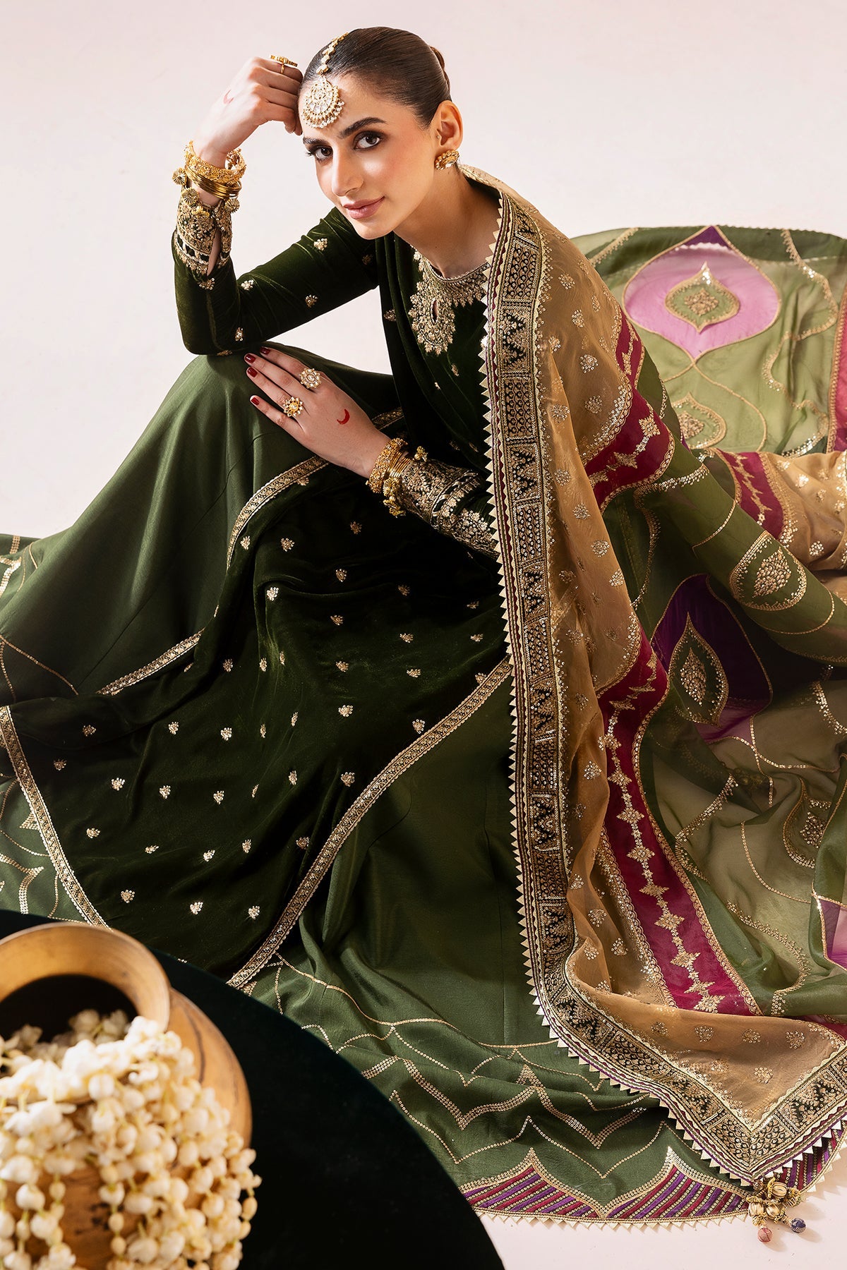 Women Wearing Embroidered Velvet Formal CVF D-09 Green Shirt with Sharara for Wedding Events - Pakistani Designer Wear for Women in UK | Kifat