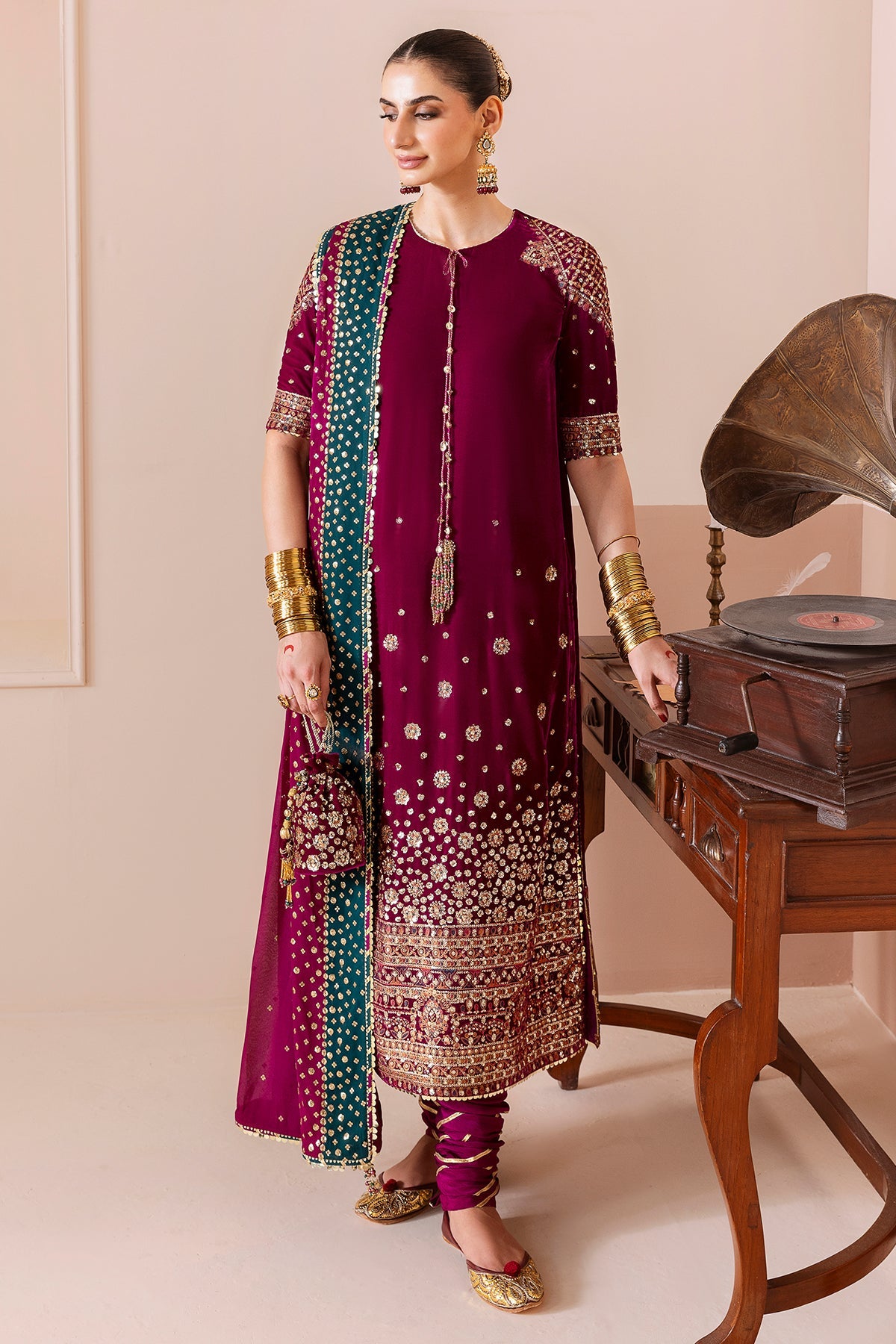 Women Wearing Embroidered Velvet Formal CVF D-02 Pink Long Shirt for Wedding Events - Pakistani Designer Wear for Women in UK | Kifat