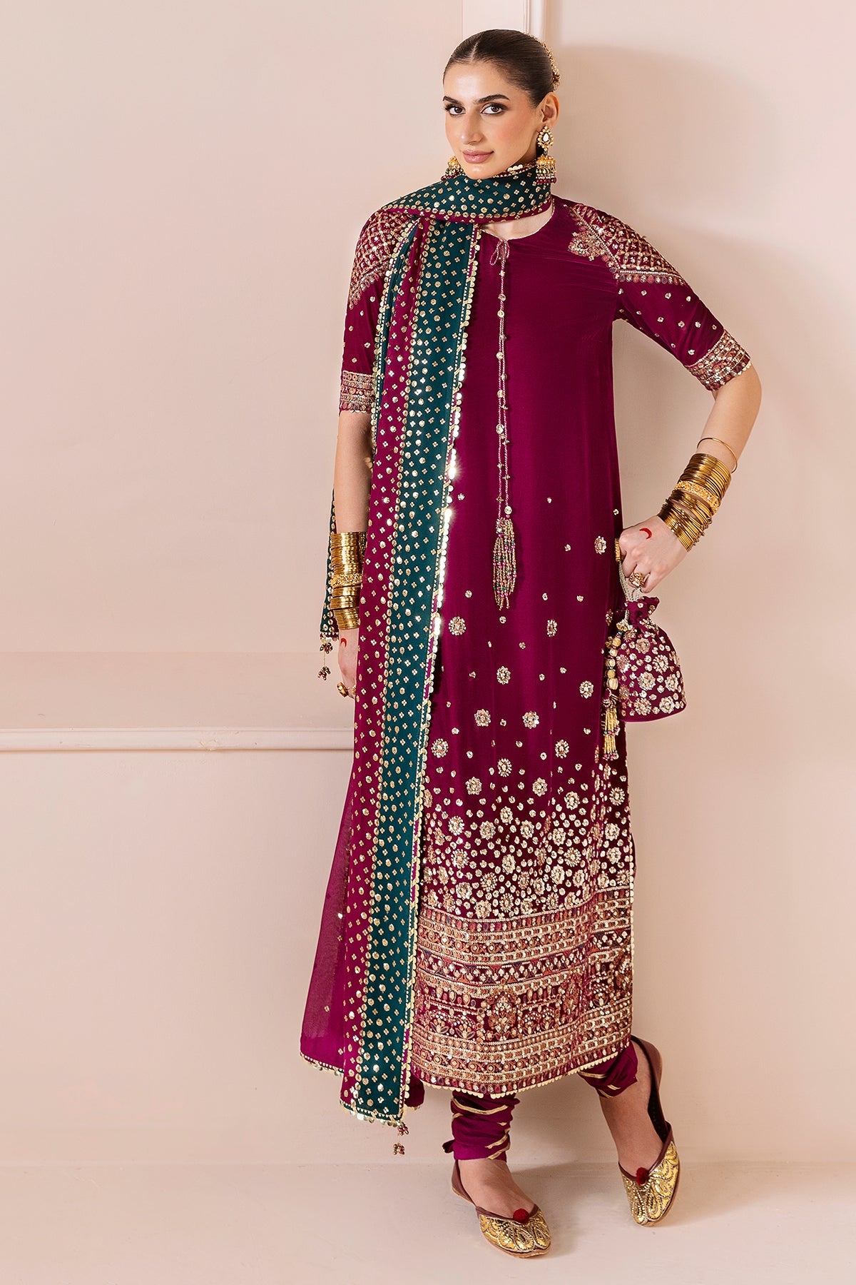 Women Wearing Embroidered Velvet Formal CVF D-02 Pink Long Shirt for Wedding Events - Pakistani Designer Wear for Women in UK | Kifat