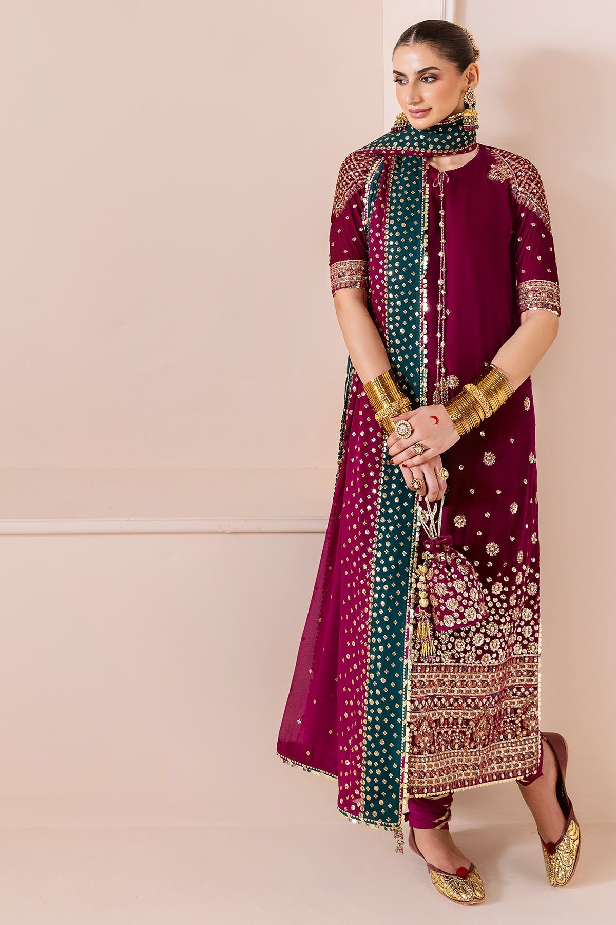 Women Wearing Embroidered Velvet Formal CVF D-02 Pink Long Shirt for Wedding Events - Pakistani Designer Wear for Women in UK | Kifat