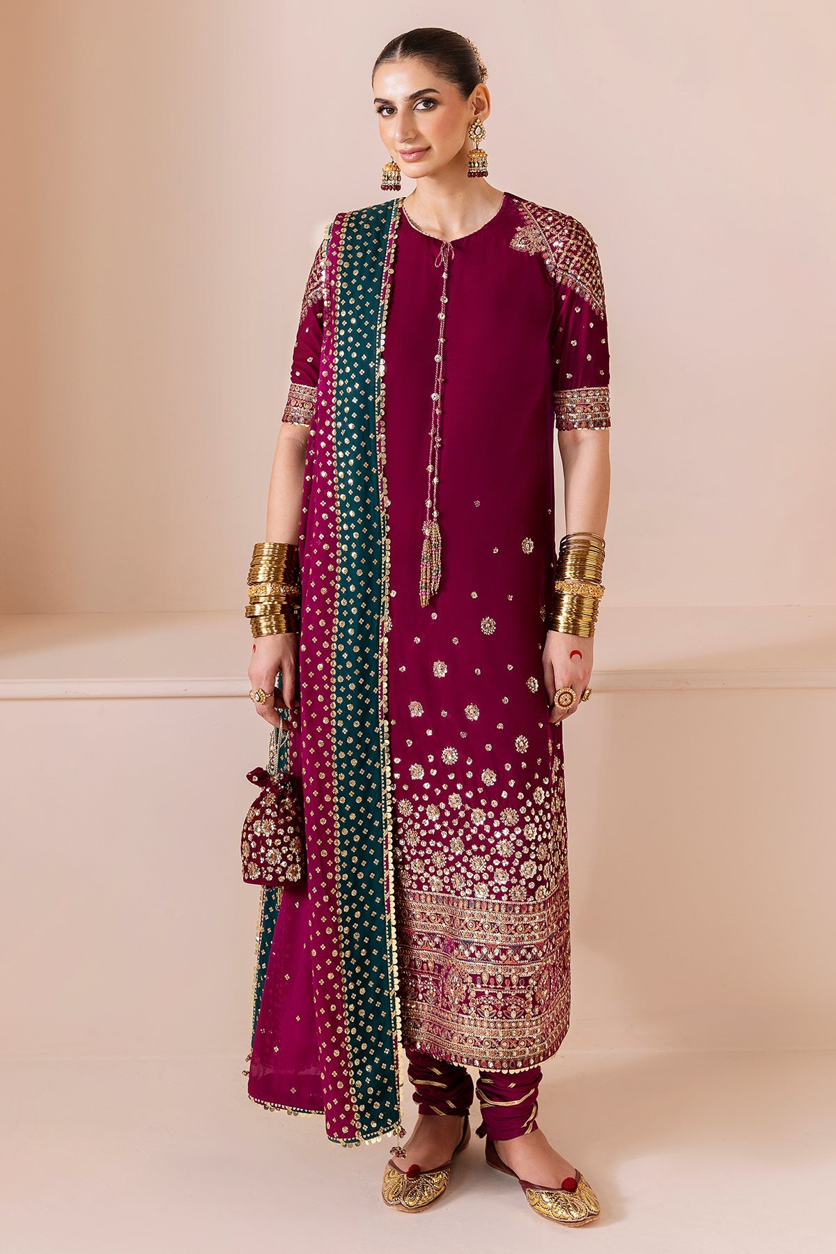Women Wearing Embroidered Velvet Formal CVF D-02 Pink Long Shirt for Wedding Events - Pakistani Designer Wear for Women in UK | Kifat