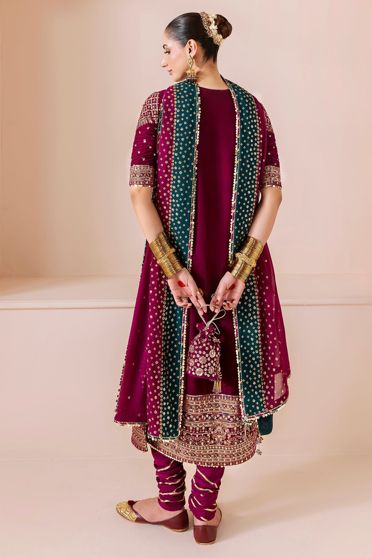 Women Wearing Embroidered Velvet Formal CVF D-02 Pink Long Shirt for Wedding Events - Pakistani Designer Wear for Women in UK | Kifat
