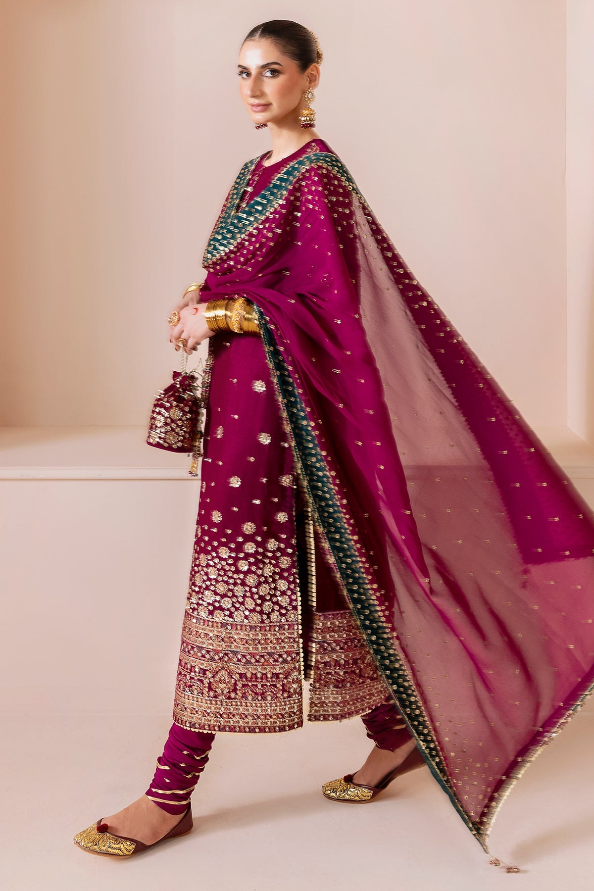 Women Wearing Embroidered Velvet Formal CVF D-02 Pink Long Shirt for Wedding Events - Pakistani Designer Wear for Women in UK | Kifat