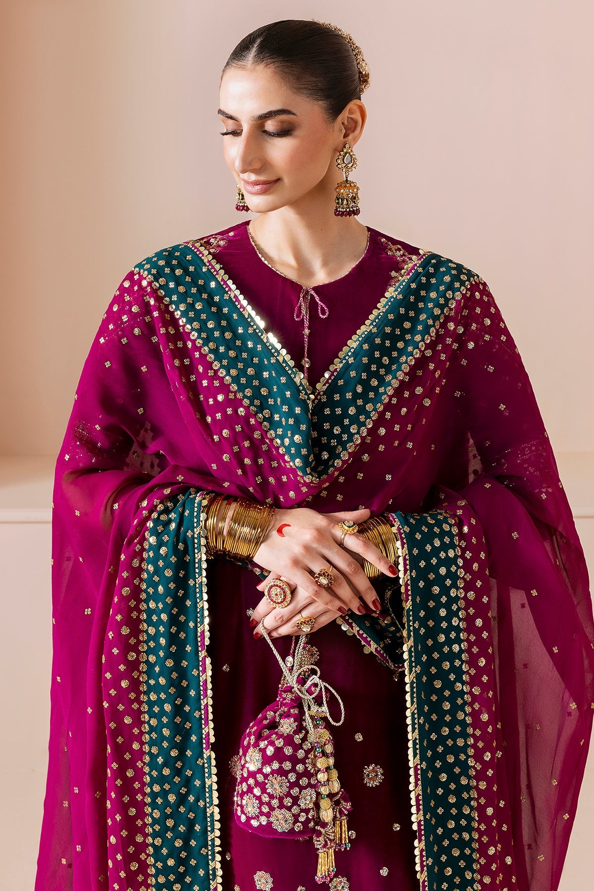 Women Wearing Embroidered Velvet Formal CVF D-02 Pink Long Shirt for Wedding Events - Pakistani Designer Wear for Women in UK | Kifat