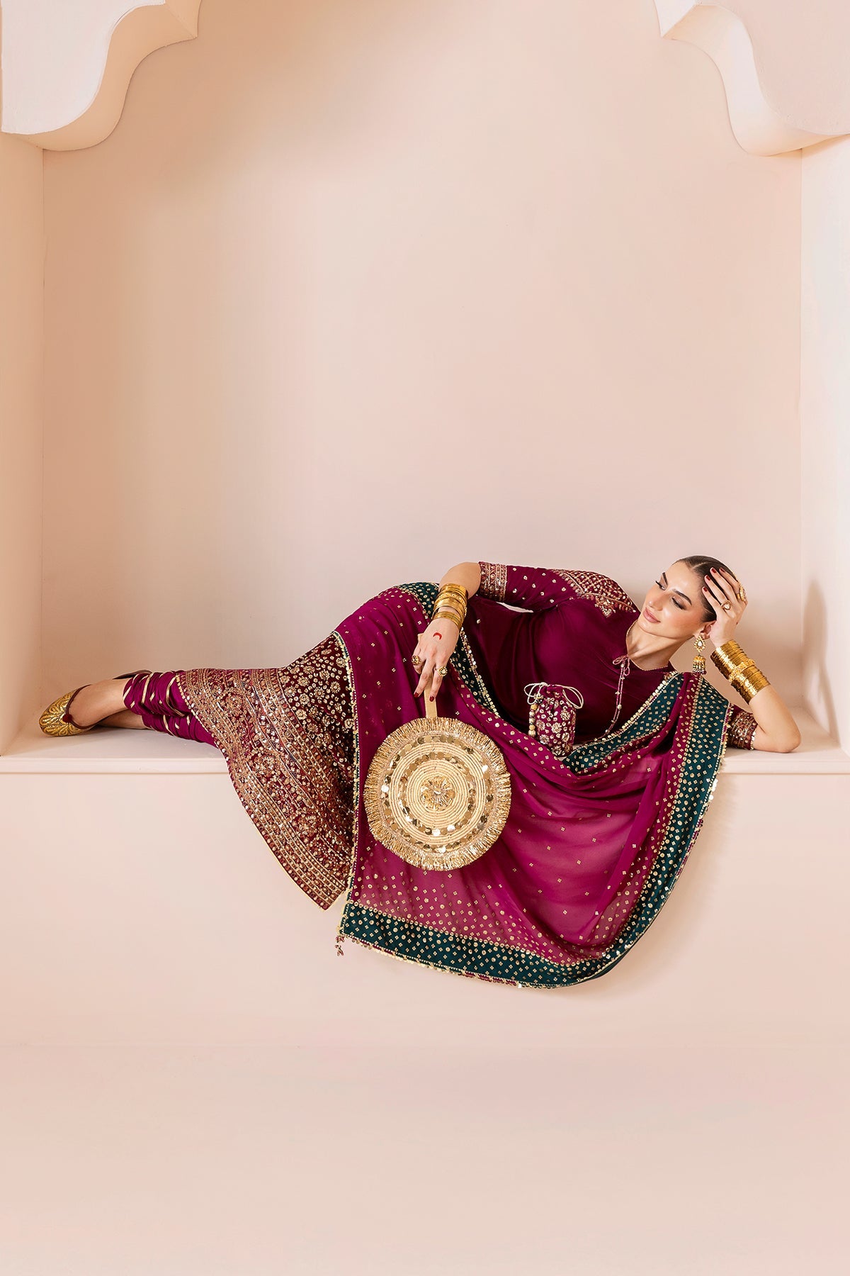 Women Wearing Embroidered Velvet Formal CVF D-02 Pink Long Shirt for Wedding Events - Pakistani Designer Wear for Women in UK | Kifat