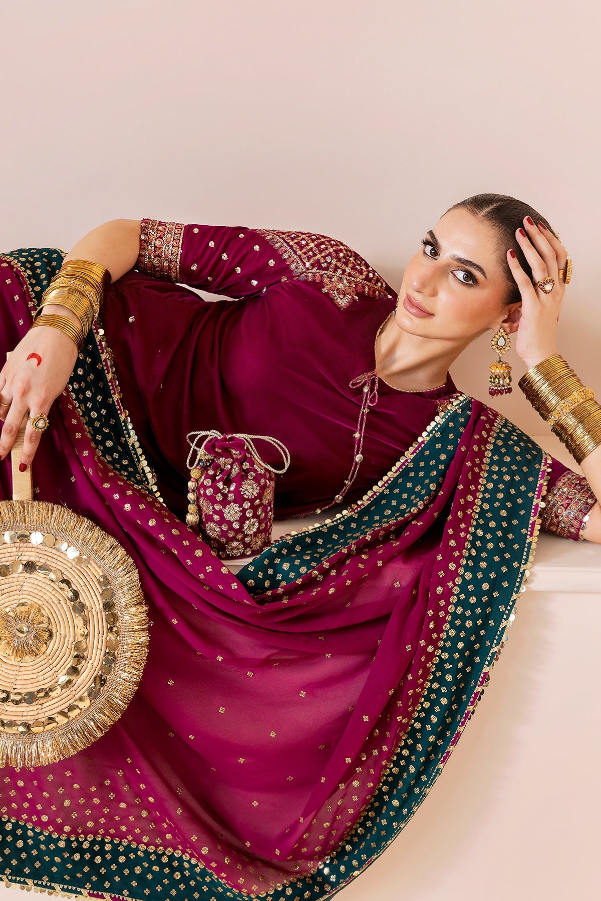 Women Wearing Embroidered Velvet Formal CVF D-02 Pink Long Shirt for Wedding Events - Pakistani Designer Wear for Women in UK | Kifat