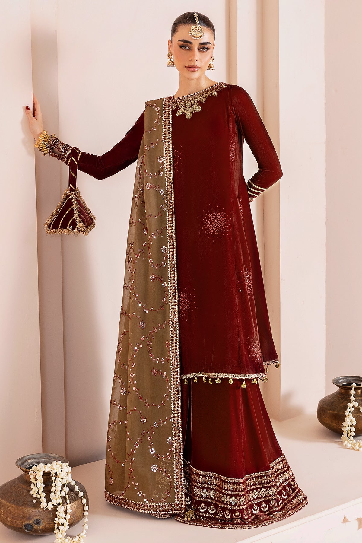 Women Wearing Embroidered Velvet Formal CVF D-07 Rust Shirt with Sharara for Wedding Events - Pakistani Designer Wear for Women in UK | Kifat