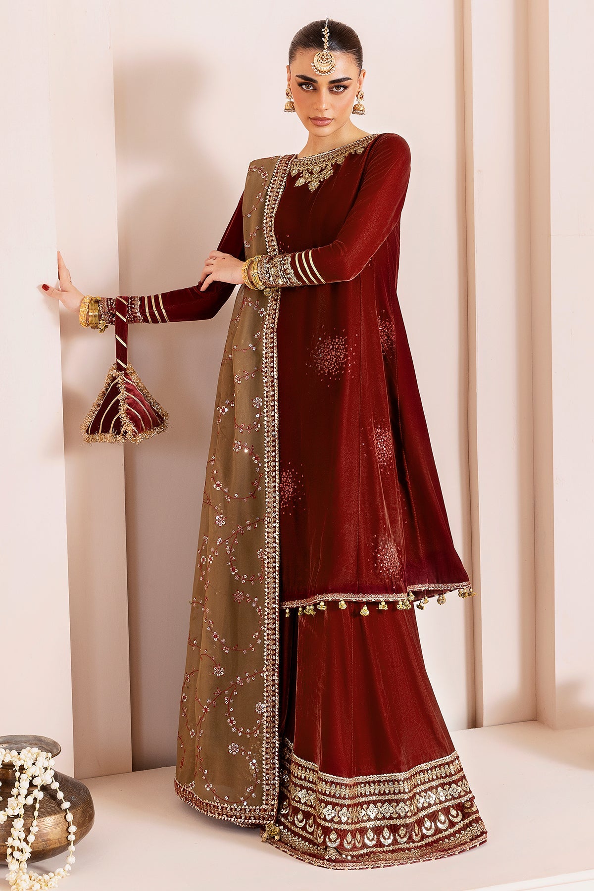 Women Wearing Embroidered Velvet Formal CVF D-07 Rust Shirt with Sharara for Wedding Events - Pakistani Designer Wear for Women in UK | Kifat