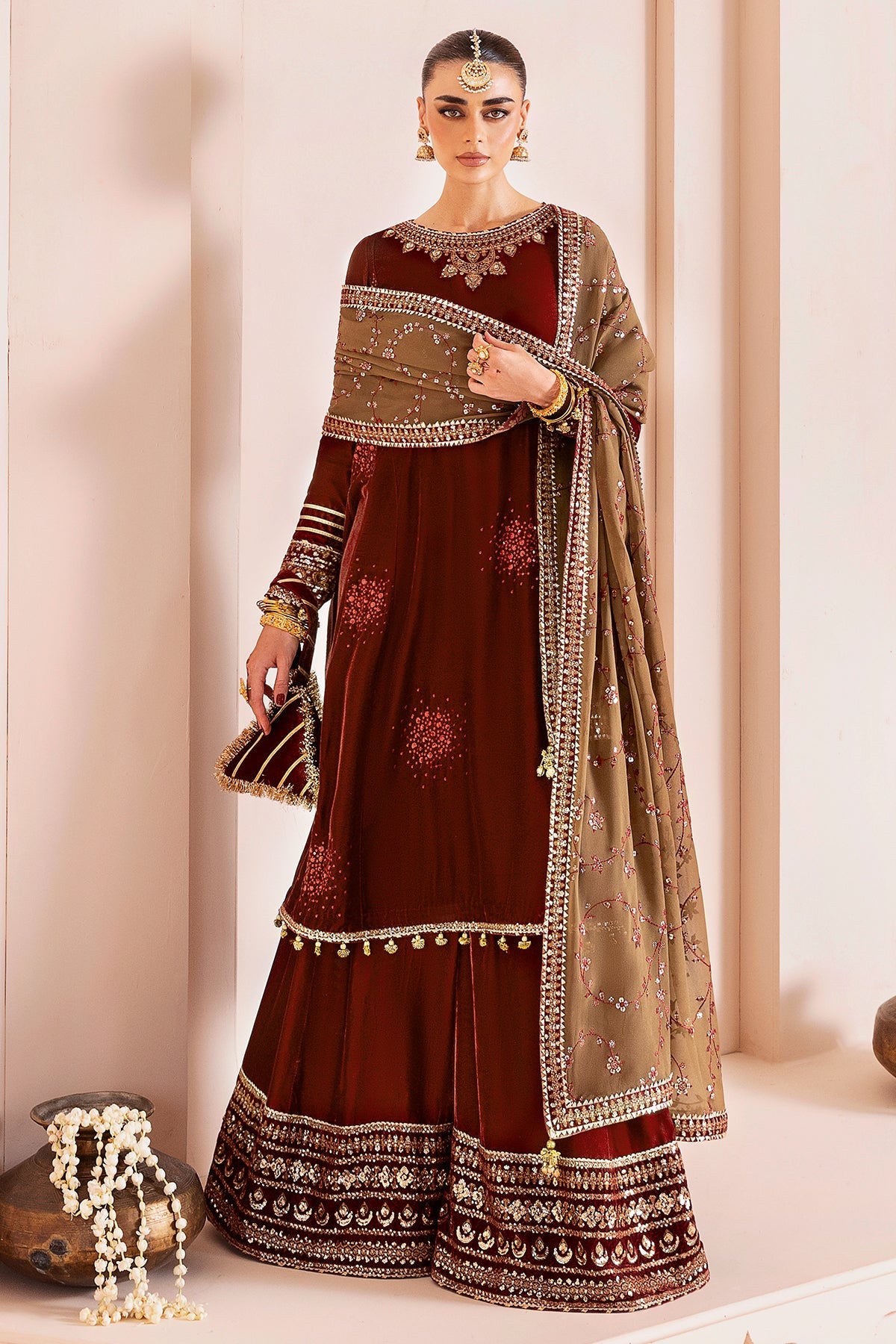 Women Wearing Embroidered Velvet Formal CVF D-07 Rust Shirt with Sharara for Wedding Events - Pakistani Designer Wear for Women in UK | Kifat