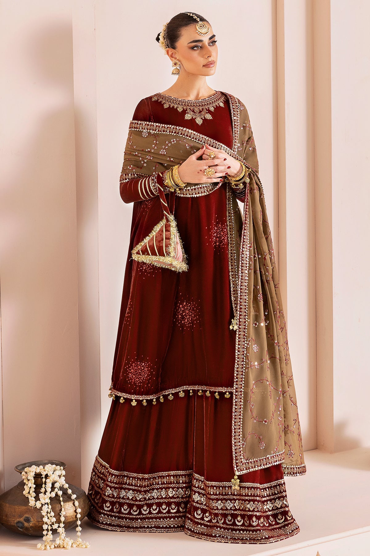 Women Wearing Embroidered Velvet Formal CVF D-07 Rust Shirt with Sharara for Wedding Events - Pakistani Designer Wear for Women in UK | Kifat