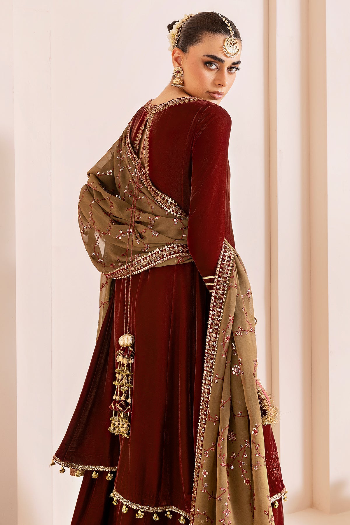 Women Wearing Embroidered Velvet Formal CVF D-07 Rust Shirt with Sharara for Wedding Events - Pakistani Designer Wear for Women in UK | Kifat