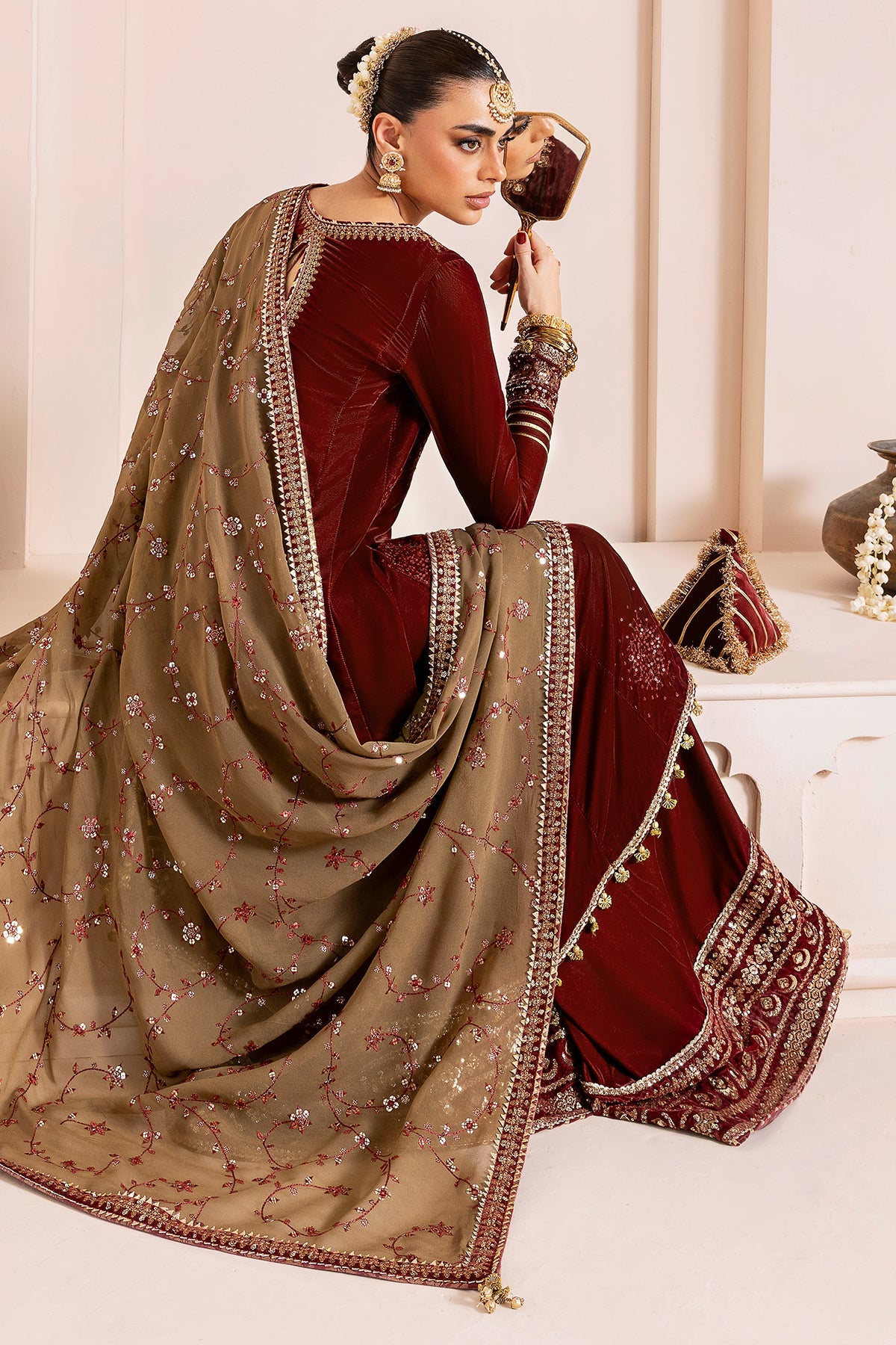 Women Wearing Embroidered Velvet Formal CVF D-07 Rust Shirt with Sharara for Wedding Events - Pakistani Designer Wear for Women in UK | Kifat