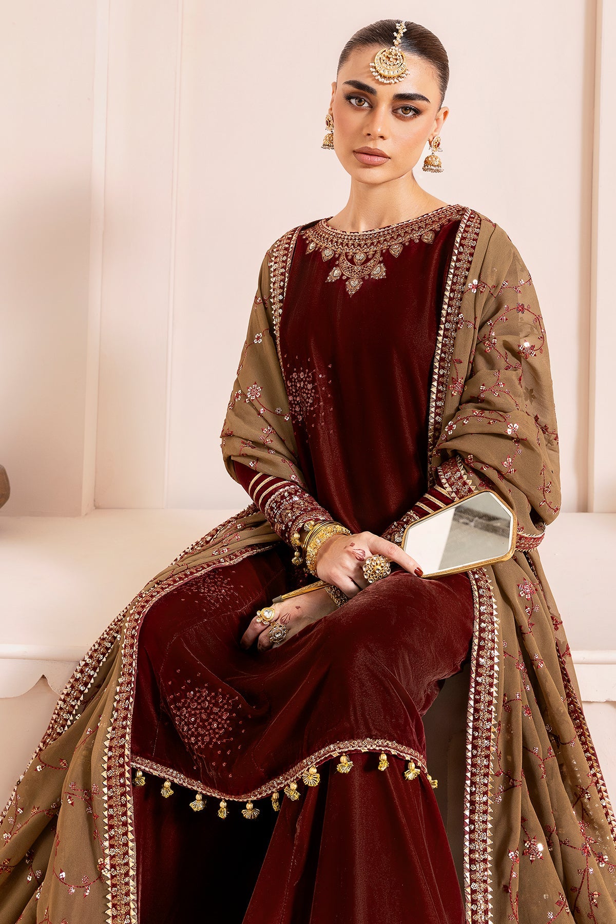 Women Wearing Embroidered Velvet Formal CVF D-07 Rust Shirt with Sharara for Wedding Events - Pakistani Designer Wear for Women in UK | Kifat
