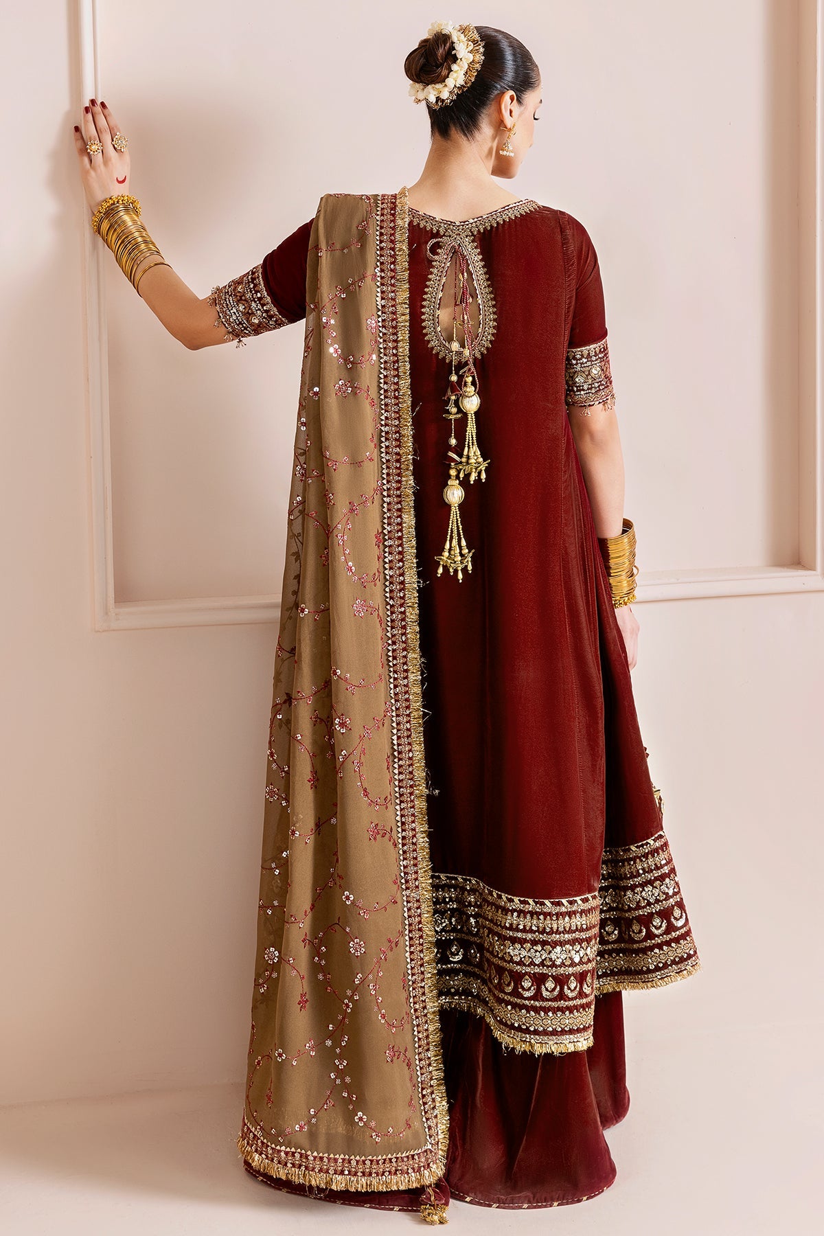 Women Wearing Embroidered Velvet Formal CVF D-13 Rust Long Shirt with Sharara for Wedding Events - Pakistani Designer Wear for Women in UK | Kifat