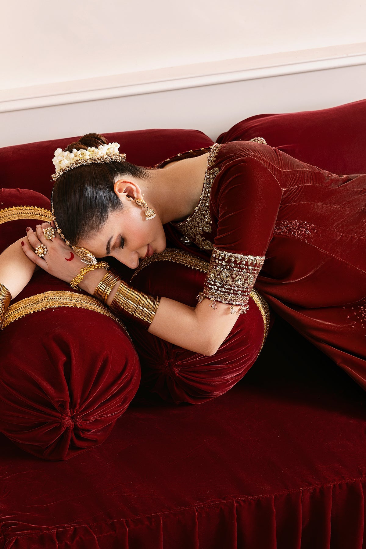 Women Wearing Embroidered Velvet Formal CVF D-13 Rust Long Shirt with Sharara for Wedding Events - Pakistani Designer Wear for Women in UK | Kifat