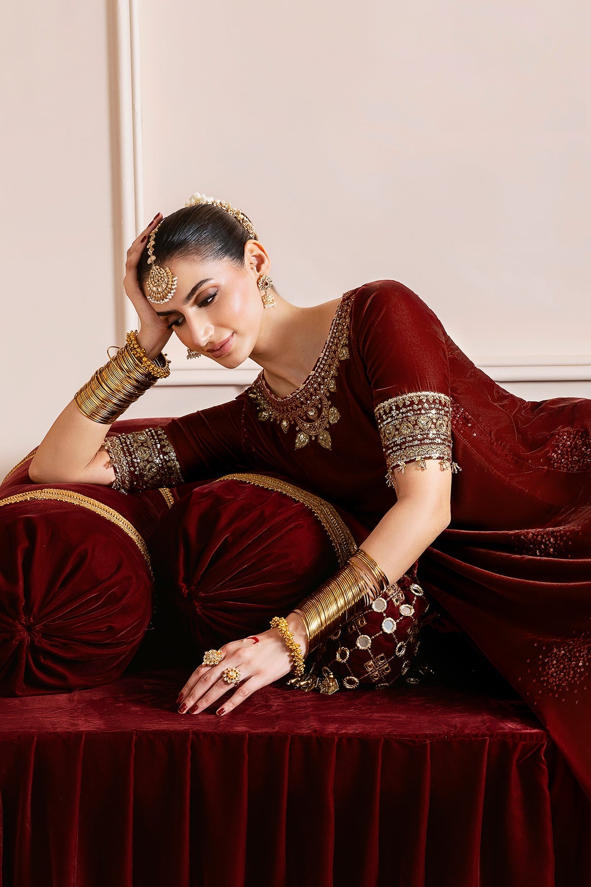 Women Wearing Embroidered Velvet Formal CVF D-13 Rust Long Shirt with Sharara for Wedding Events - Pakistani Designer Wear for Women in UK | Kifat