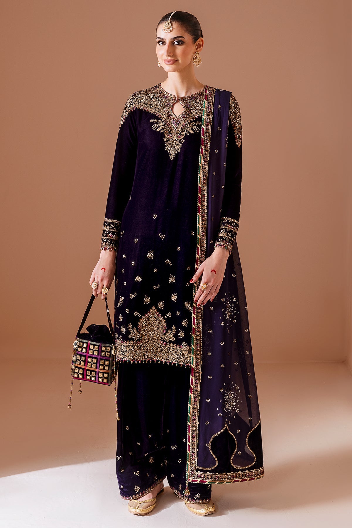 Women Wearing Embroidered Velvet Formal CVF D-08 Purple Shirt with Shalwar for Wedding Events - Pakistani Designer Wear for Women in UK | Kifat