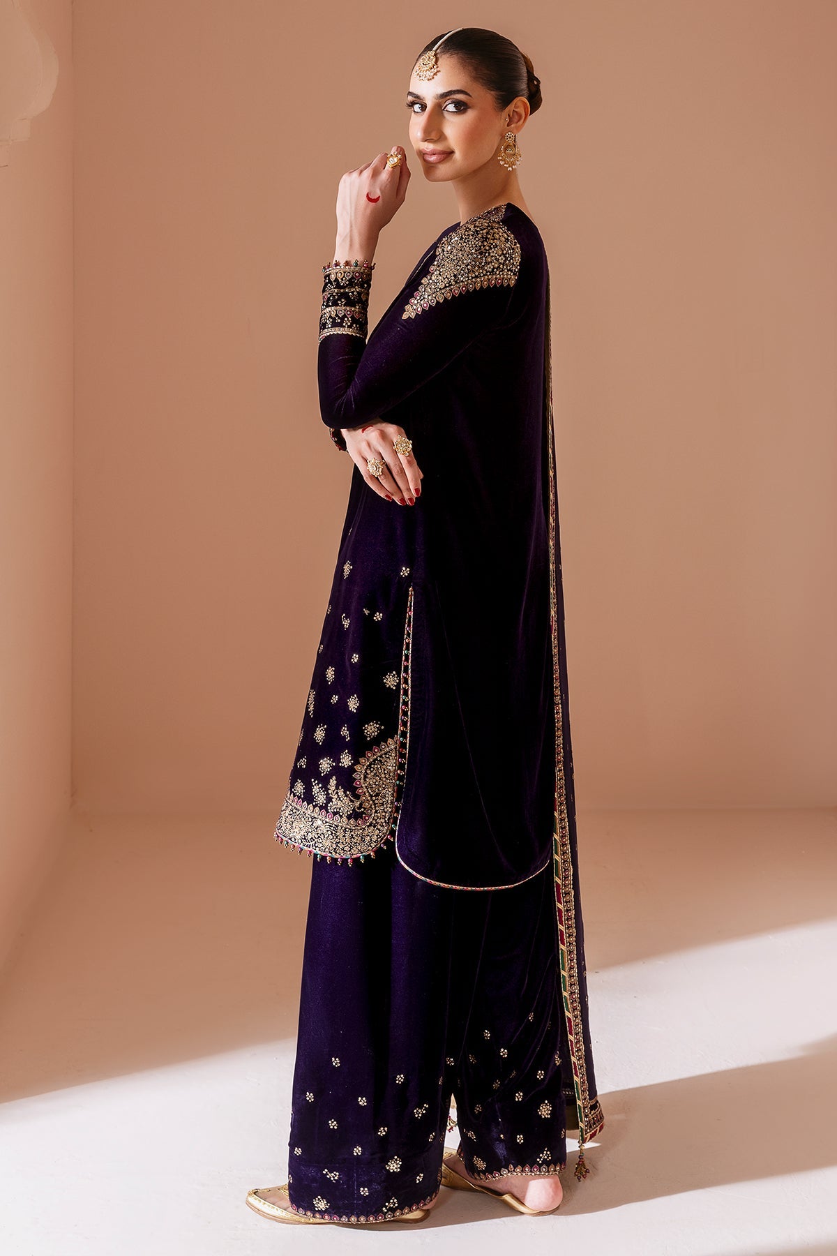 Women Wearing Embroidered Velvet Formal CVF D-08 Purple Shirt with Shalwar for Wedding Events - Pakistani Designer Wear for Women in UK | Kifat