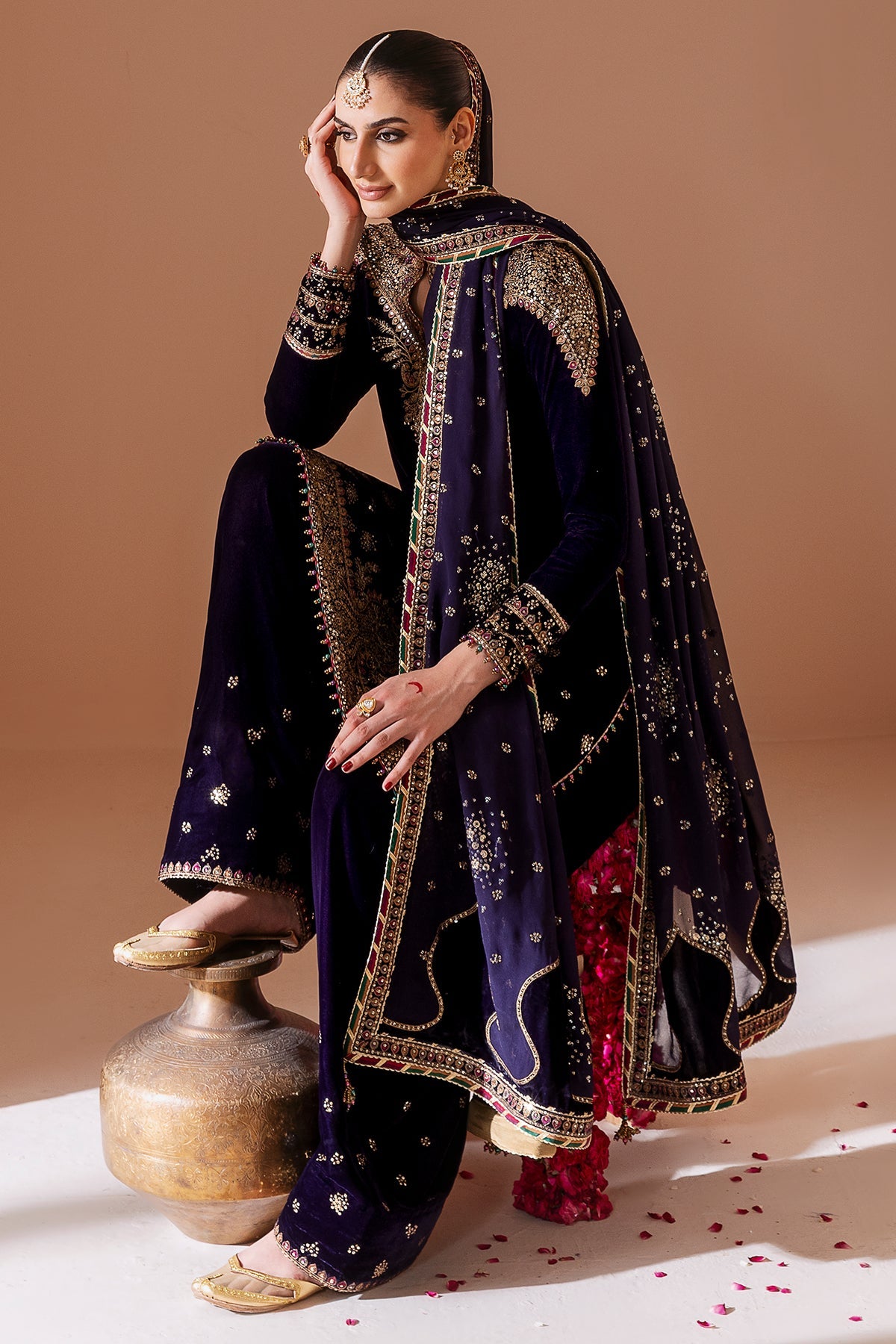 Women Wearing Embroidered Velvet Formal CVF D-08 Purple Shirt with Shalwar for Wedding Events - Pakistani Designer Wear for Women in UK | Kifat