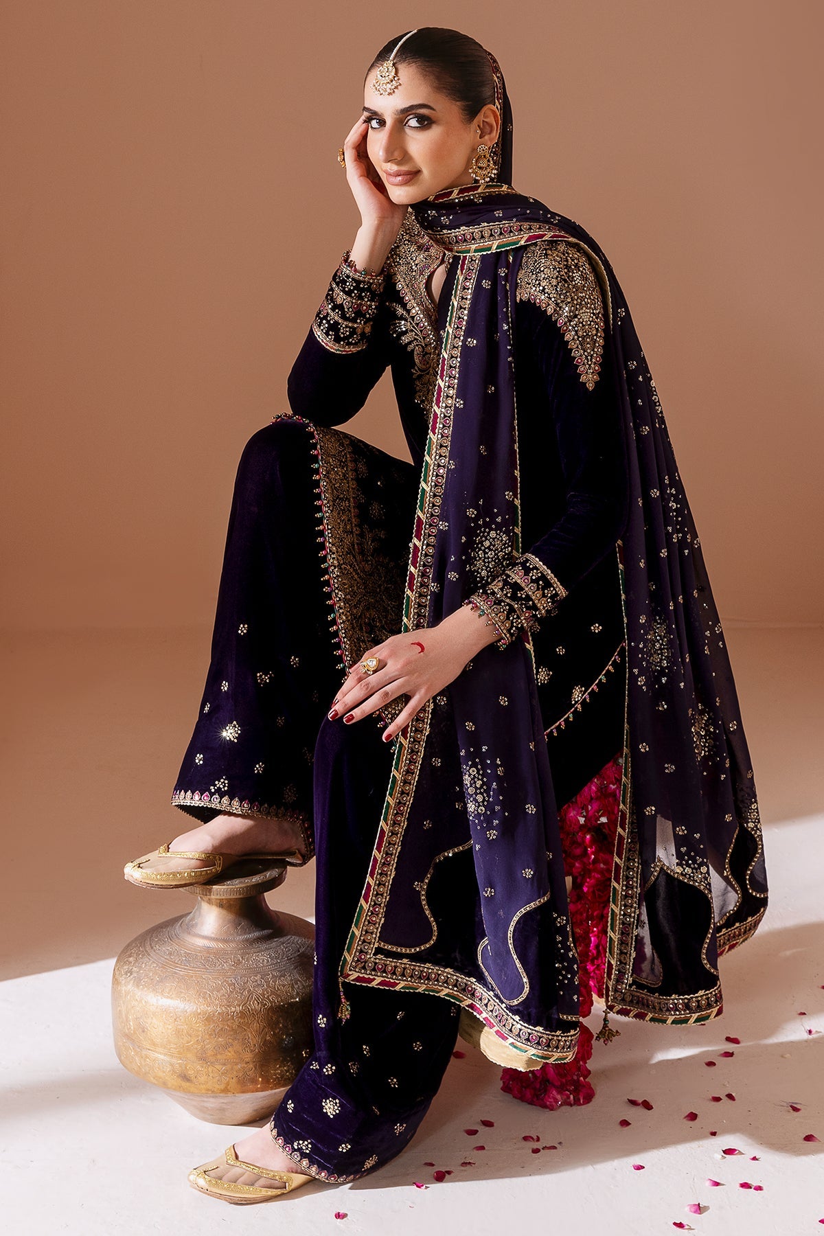 Women Wearing Embroidered Velvet Formal CVF D-08 Purple Shirt with Shalwar for Wedding Events - Pakistani Designer Wear for Women in UK | Kifat