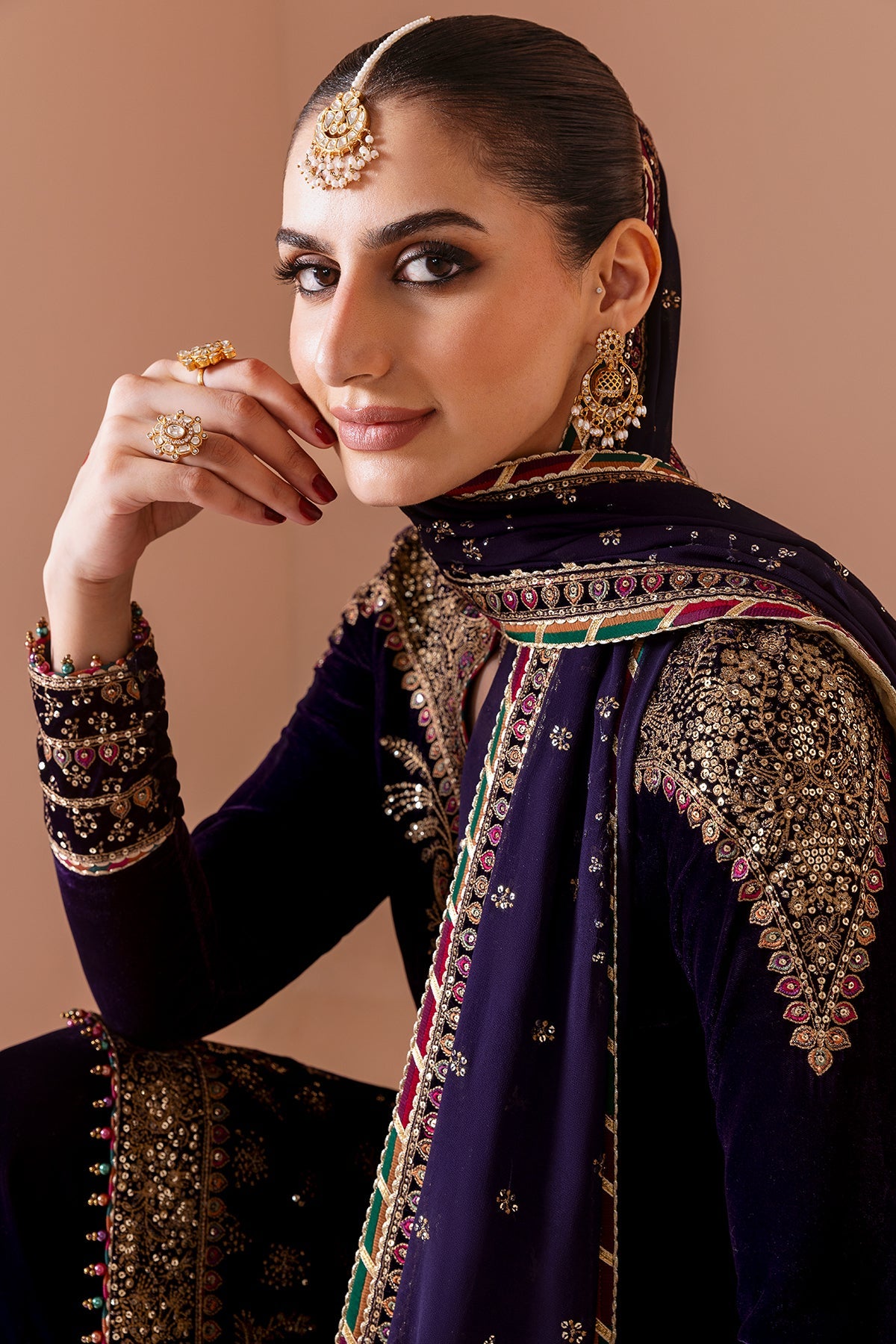Women Wearing Embroidered Velvet Formal CVF D-08 Purple Shirt with Shalwar for Wedding Events - Pakistani Designer Wear for Women in UK | Kifat