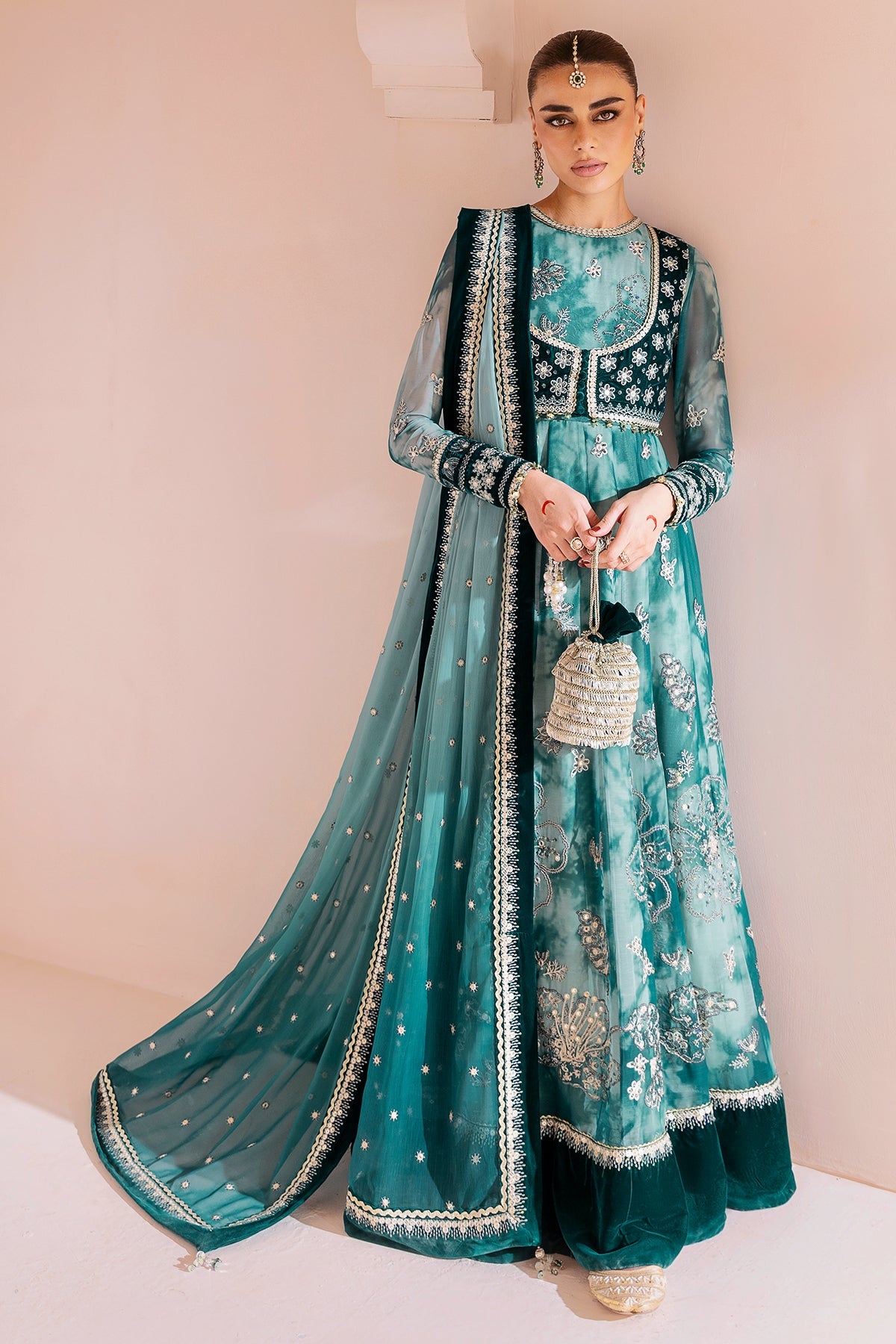 Women Wearing Embroidered Velvet Formal CVF D-06 Aqua Long Frock for Wedding Events - Pakistani Designer Wear for Women in UK | Kifat