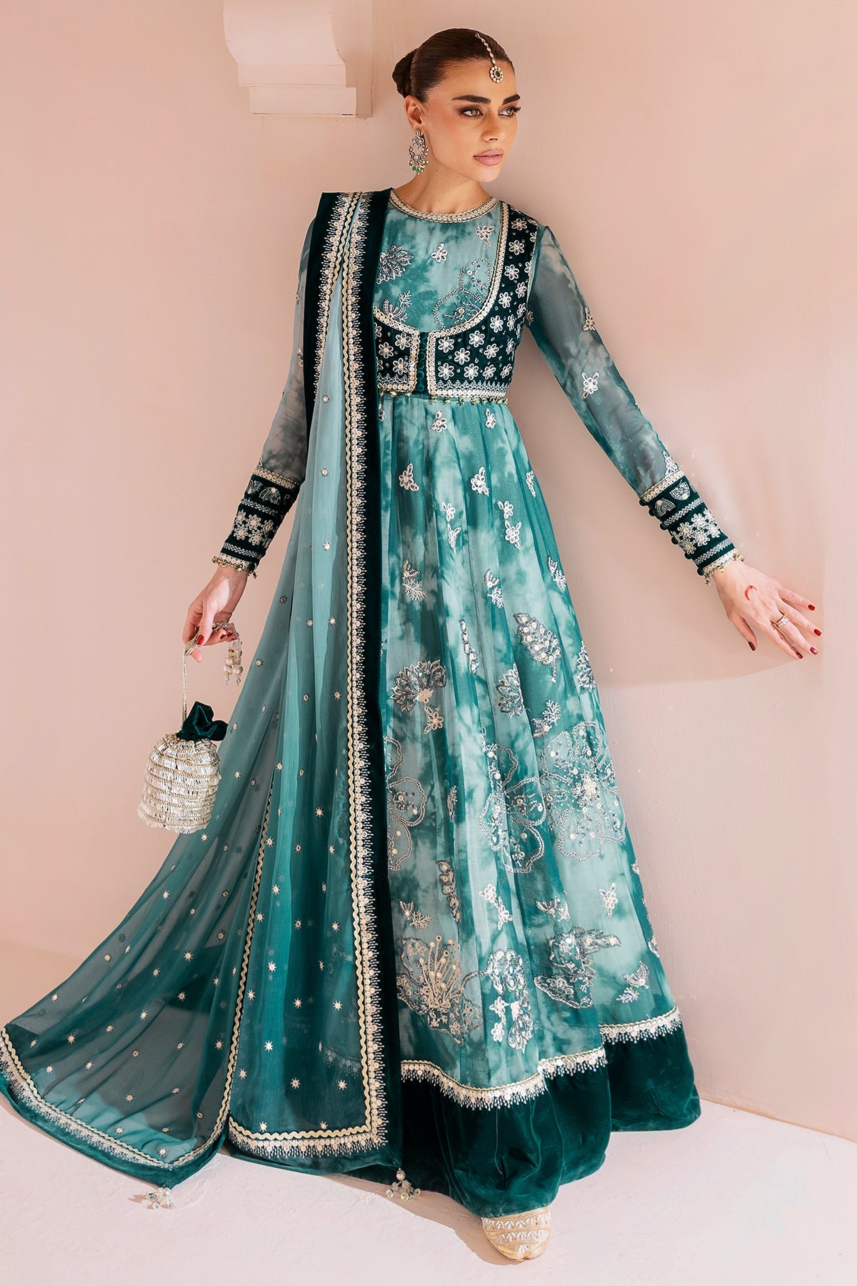 Women Wearing Embroidered Velvet Formal CVF D-06 Aqua Long Frock for Wedding Events - Pakistani Designer Wear for Women in UK | Kifat